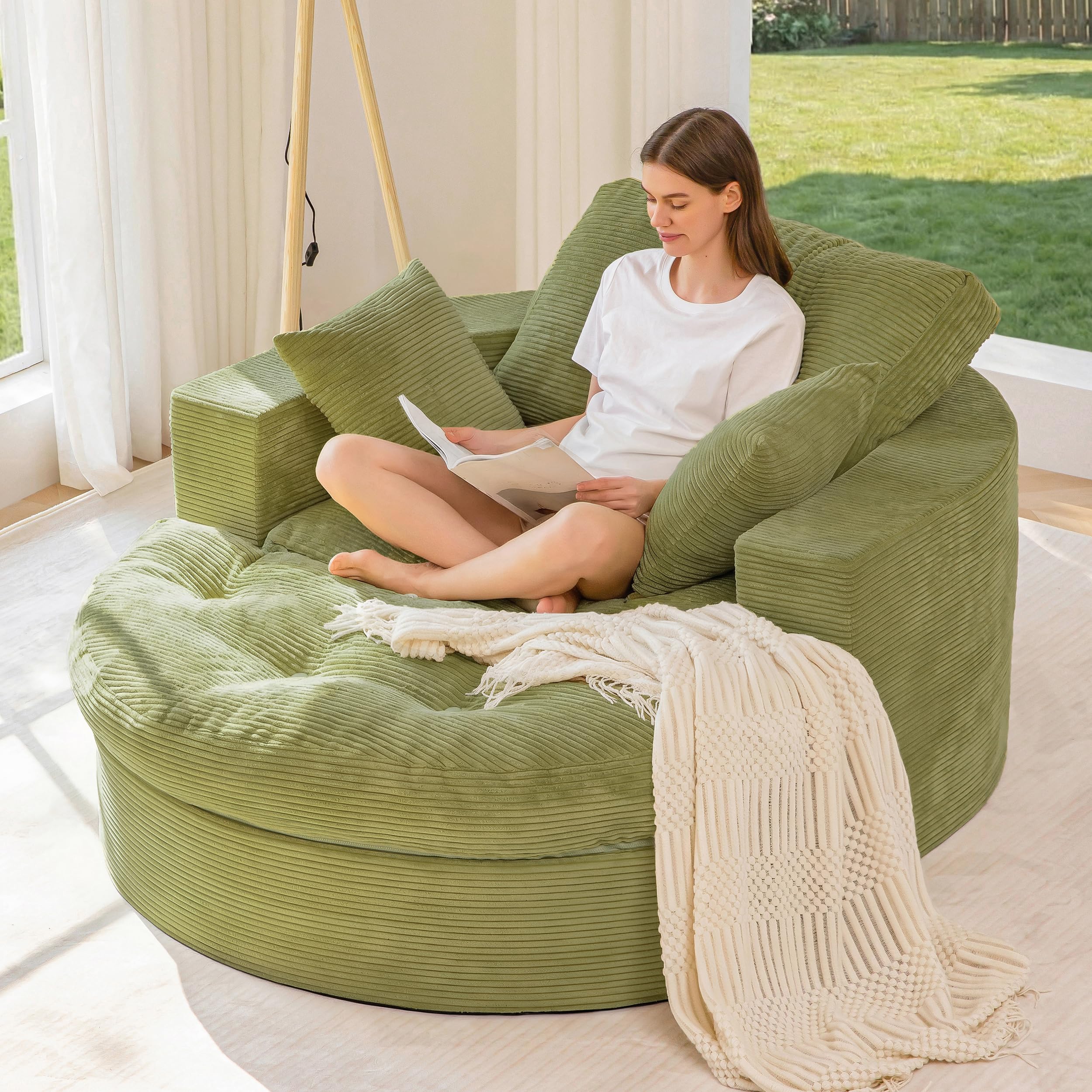 MAXYOYO Oversized Round Chaise Lounge Sofa, Boneless Chair with Ottoman | Green Upholstered Reading Chair Has a Deep Seat and 3 Pillows, with No Assembly Required for Living Rooms or Bedrooms.