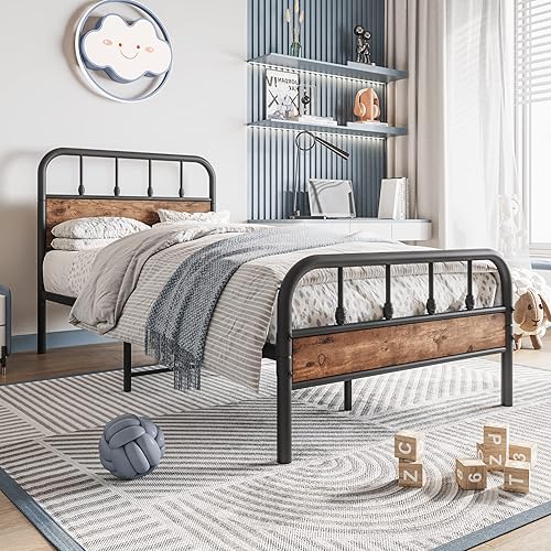 Elegant Home Products Marcos de cama de metal con listones de acero resistente escudo y estribo no necesita somier fácil montaje para sala de estar