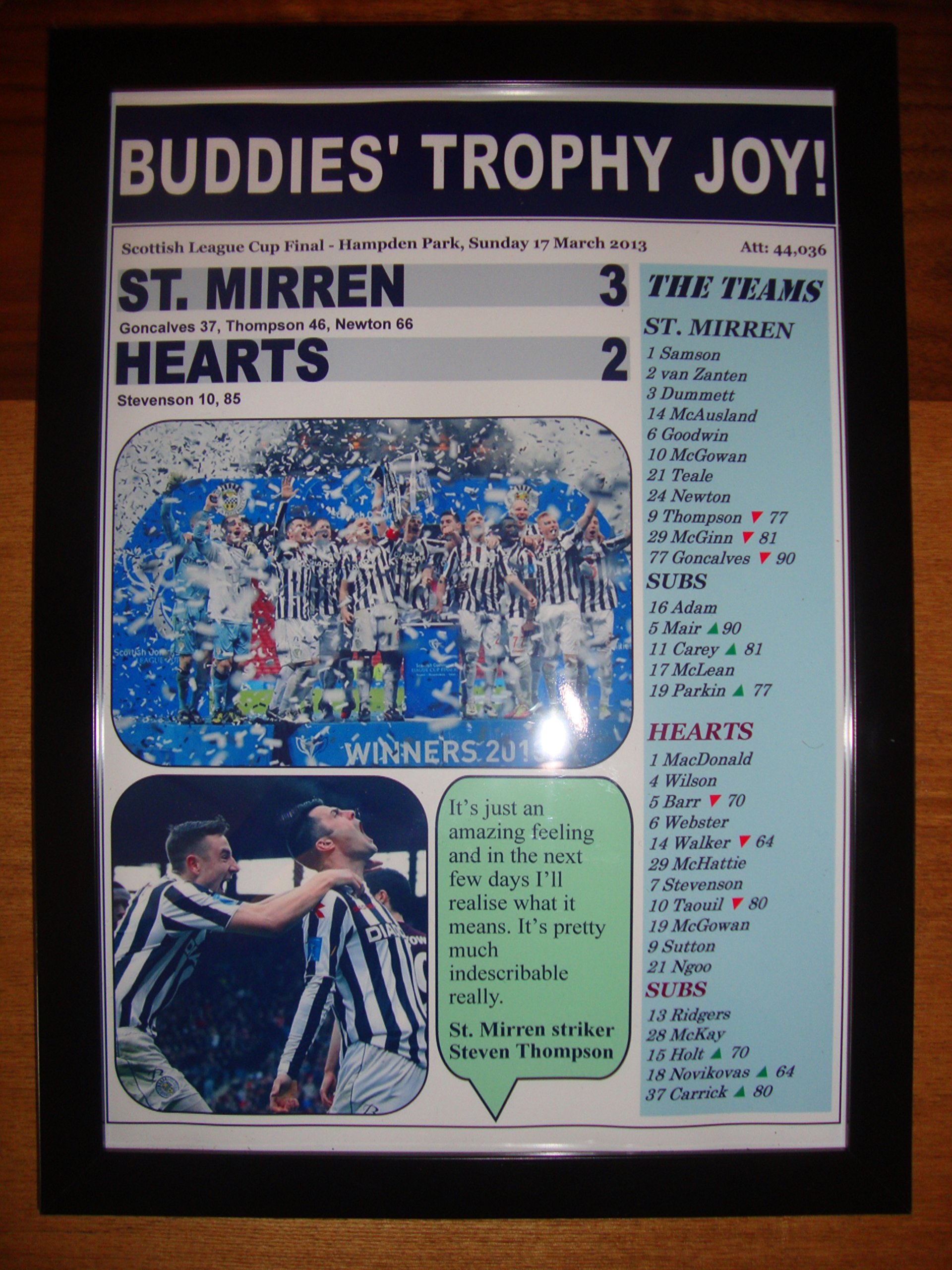 Lilywhite Multimedia Black St Mirren 3 Hearts 2 - 2013 Scottish League Cup Final - Framed Print