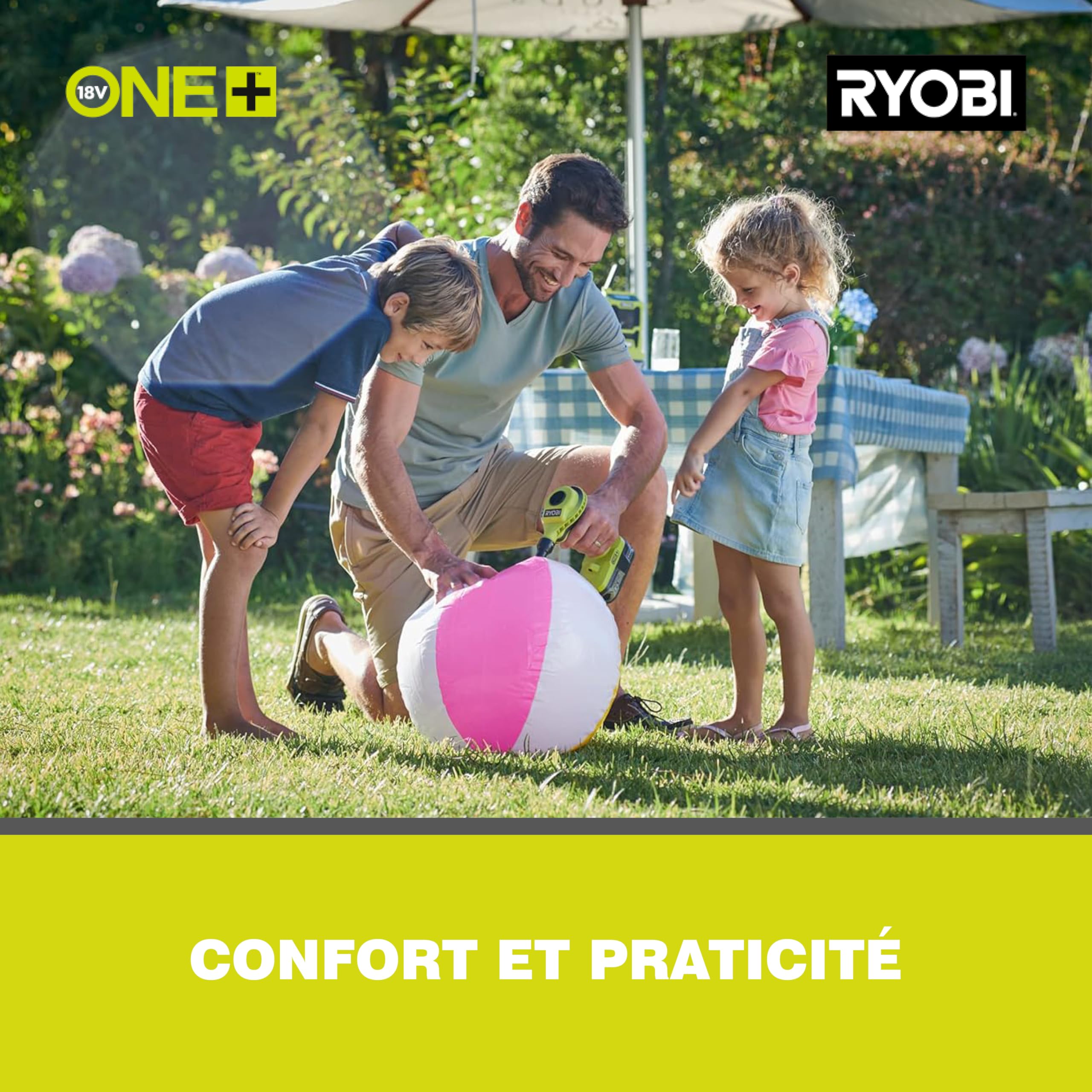 RYOBI - Gonfleur à Volume d’Air sans Fil 18V One+ R18VI-0 – Idéal Matelas, Piscines, Bouées – Compact, Embouts Inclus, Fonction Soufflage – Batterie Non Incluse