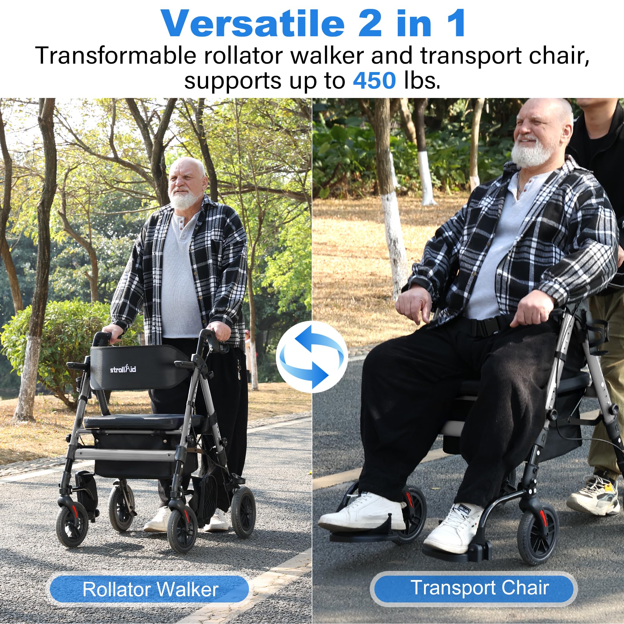 Heavy Duty Walkers for Seniors, 2-in-1 Rollator Wheelchair Combo — Amazon image 4