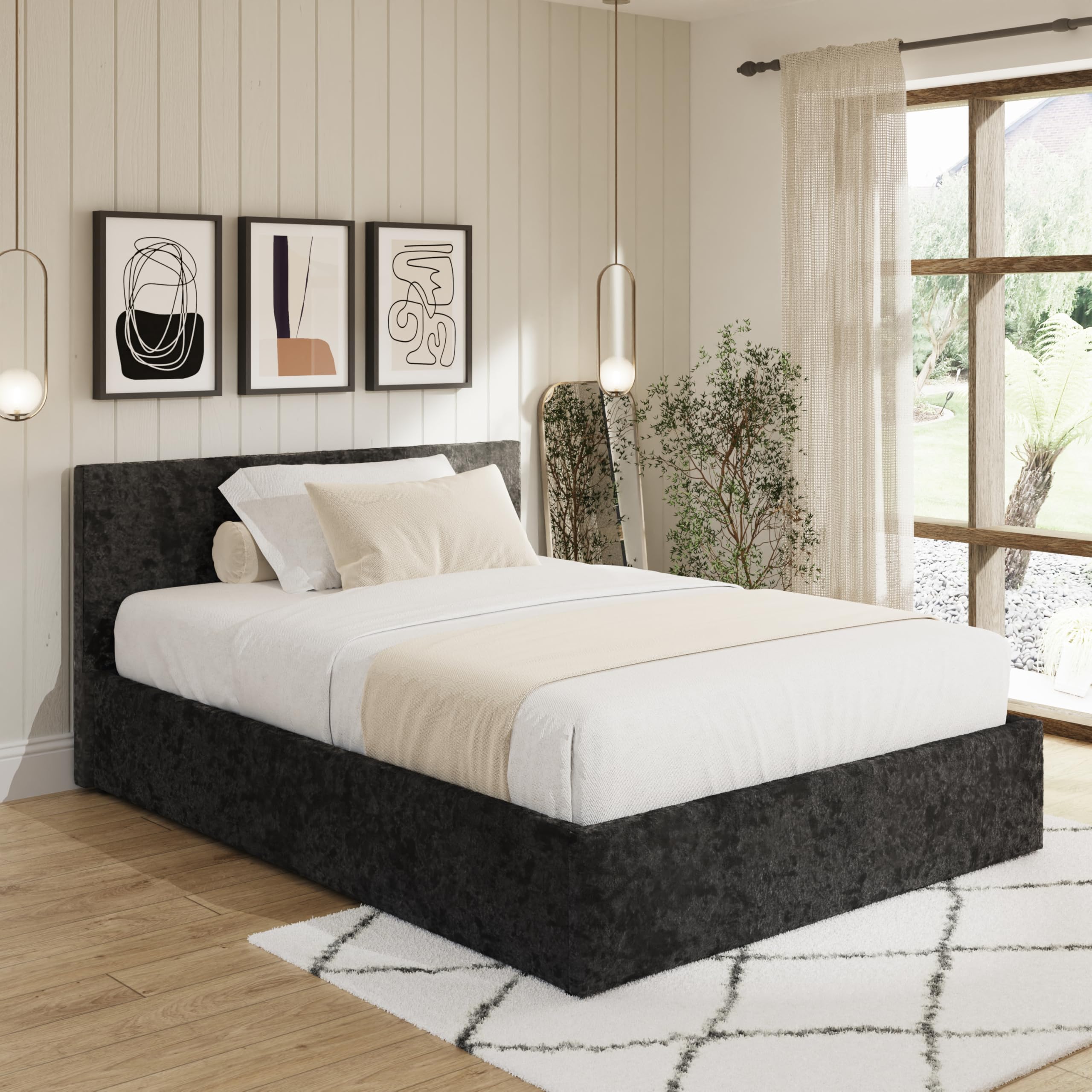 GFW Crushed Velvet Ottoman Bed, Black King Size End Lift Storage Bed with Luxury Velvet Upholstery and Spacious Underbed Storage