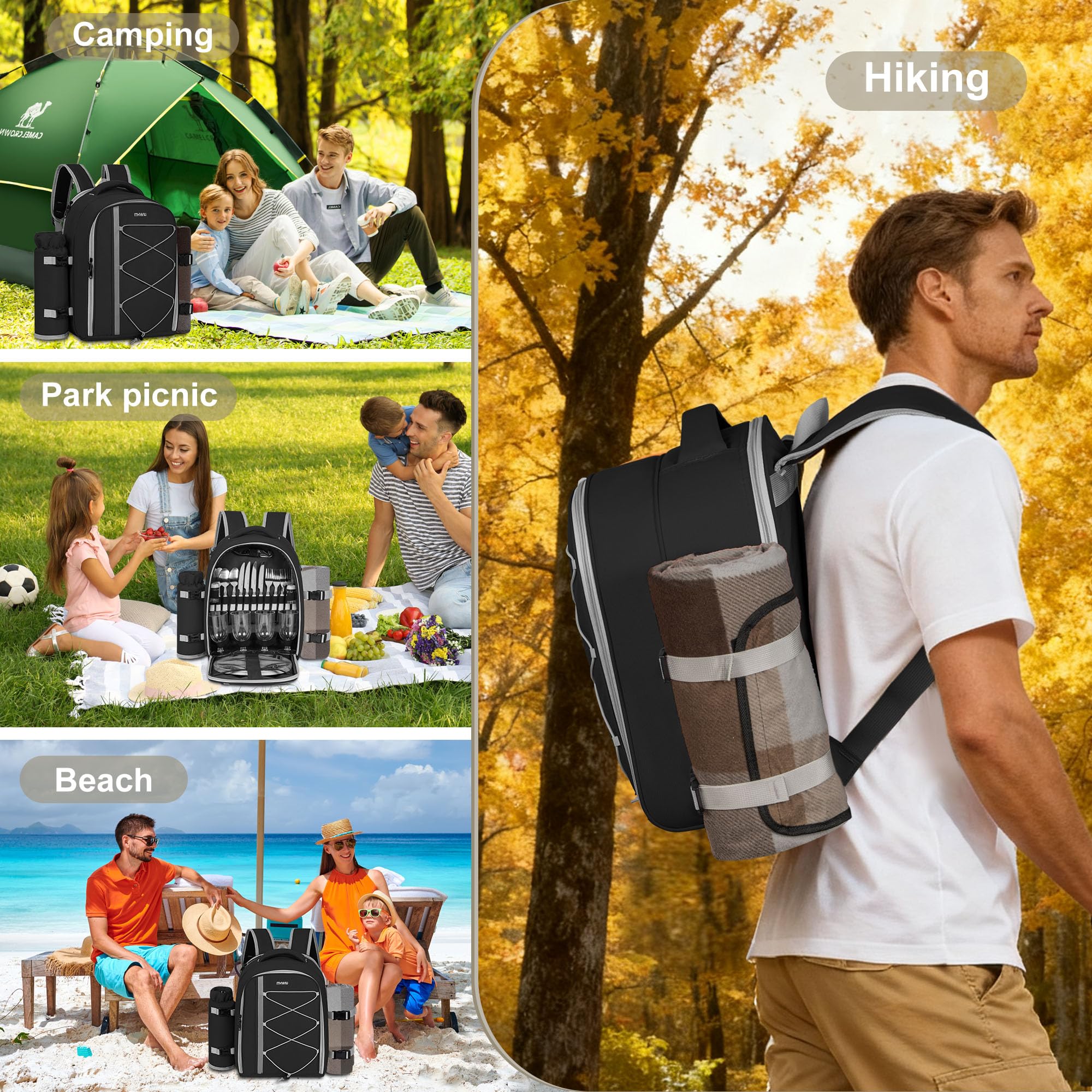 Picknick-Rucksack für 4 Personen, mit Kühlfach, isoliert und wasserdicht, Picknicktasche mit Set und Decke, für Strand, Camping, Wandern (schwarz)