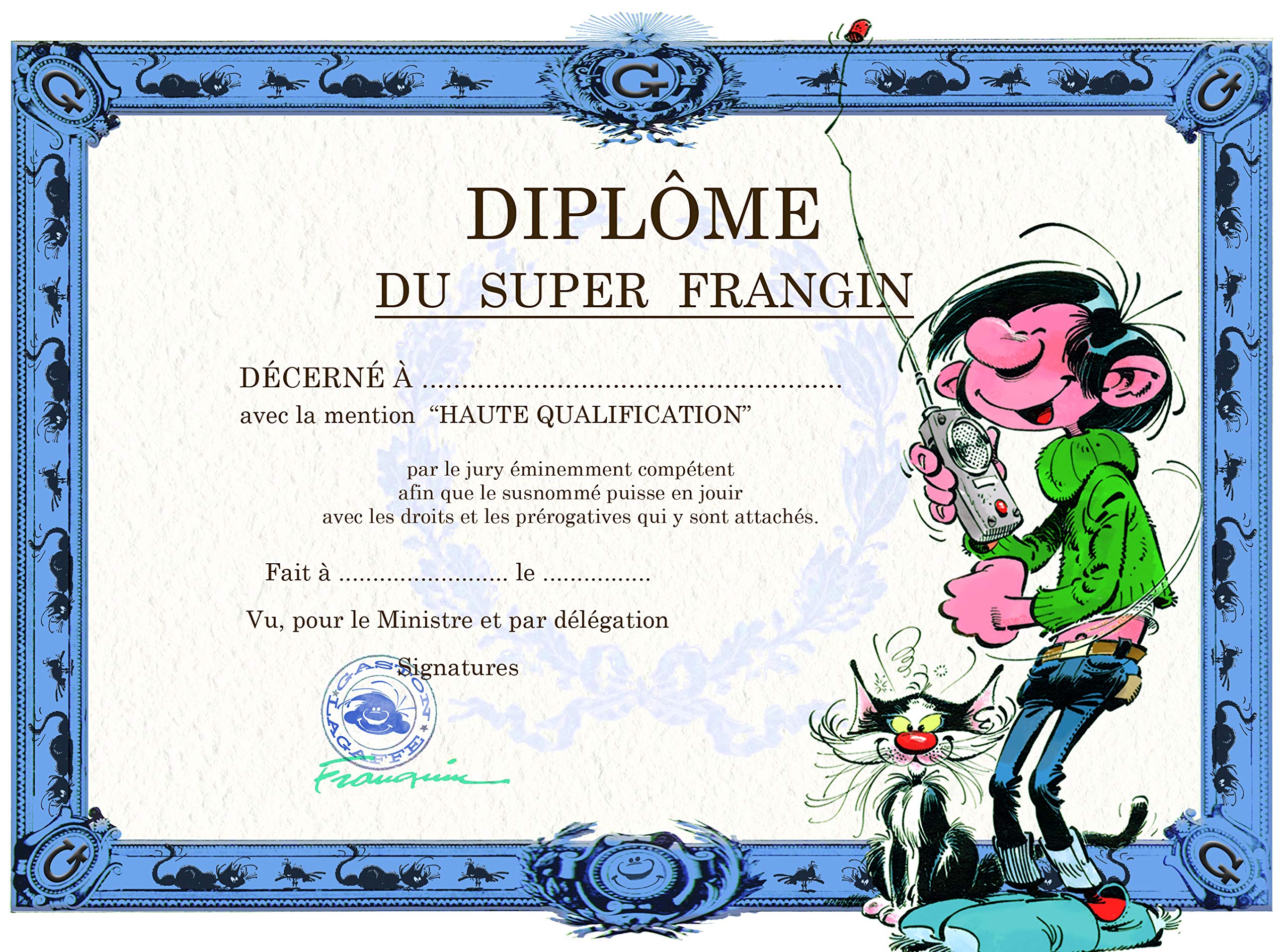 Gaston Lagaffe Diploma of Super Frangin Brother Frérot Cat Walkie Talkie Card with Envelope for Boys Men GLDP-7013