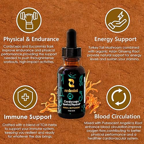 Miniatura 4 de Redmint Cordyceps - Tintura de hierbas de hongos - Deportes y físicos  Arraigado en la sabiduría antigua de TCM  Suplemento de mezcla de hongos para