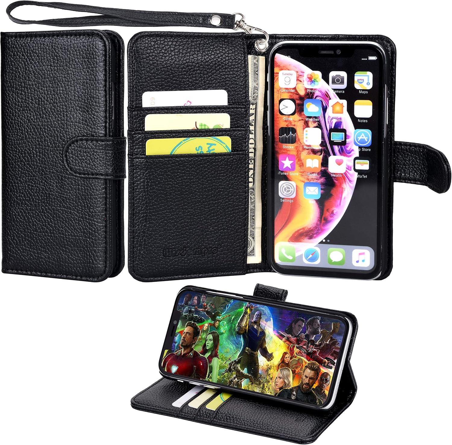 Wisdompro iPhone XR Case, Premium PU Leather 2-in-1 Protective Folio Flip Wallet Kickstand Case with Credit Card Holder Slots and Wrist Lanyard for Apple iPhone XR(Black with Lanyard)