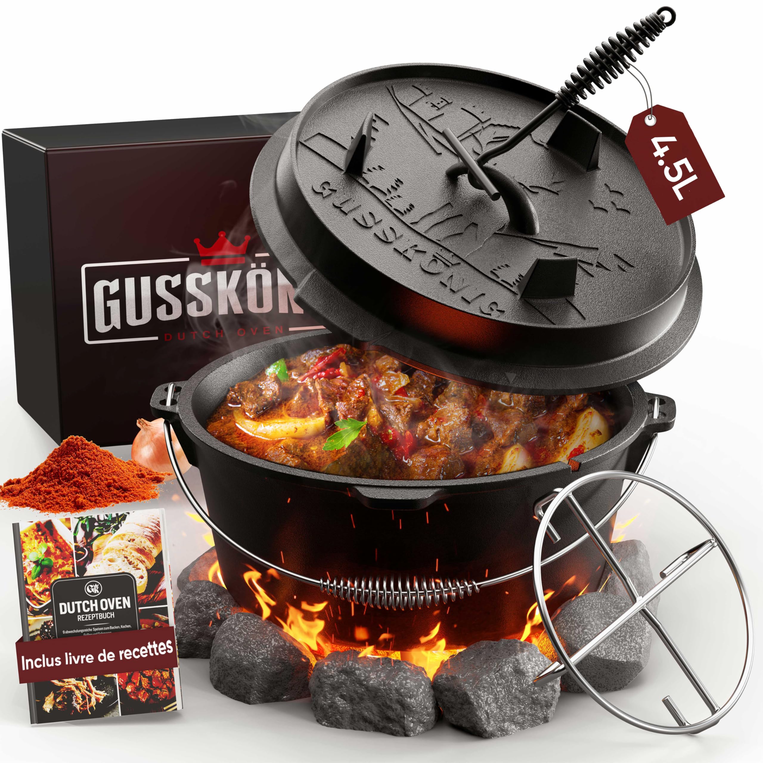GUSSKÖNIG Ensemble de Dutch Oven - Dutch Oven de 4.5Litres déjà culotté - Feuertopf en fonte sans pieds - Cocotte multifonction - avec lève-couvercle 2 en 1 et livre de recettes Dutch Oven