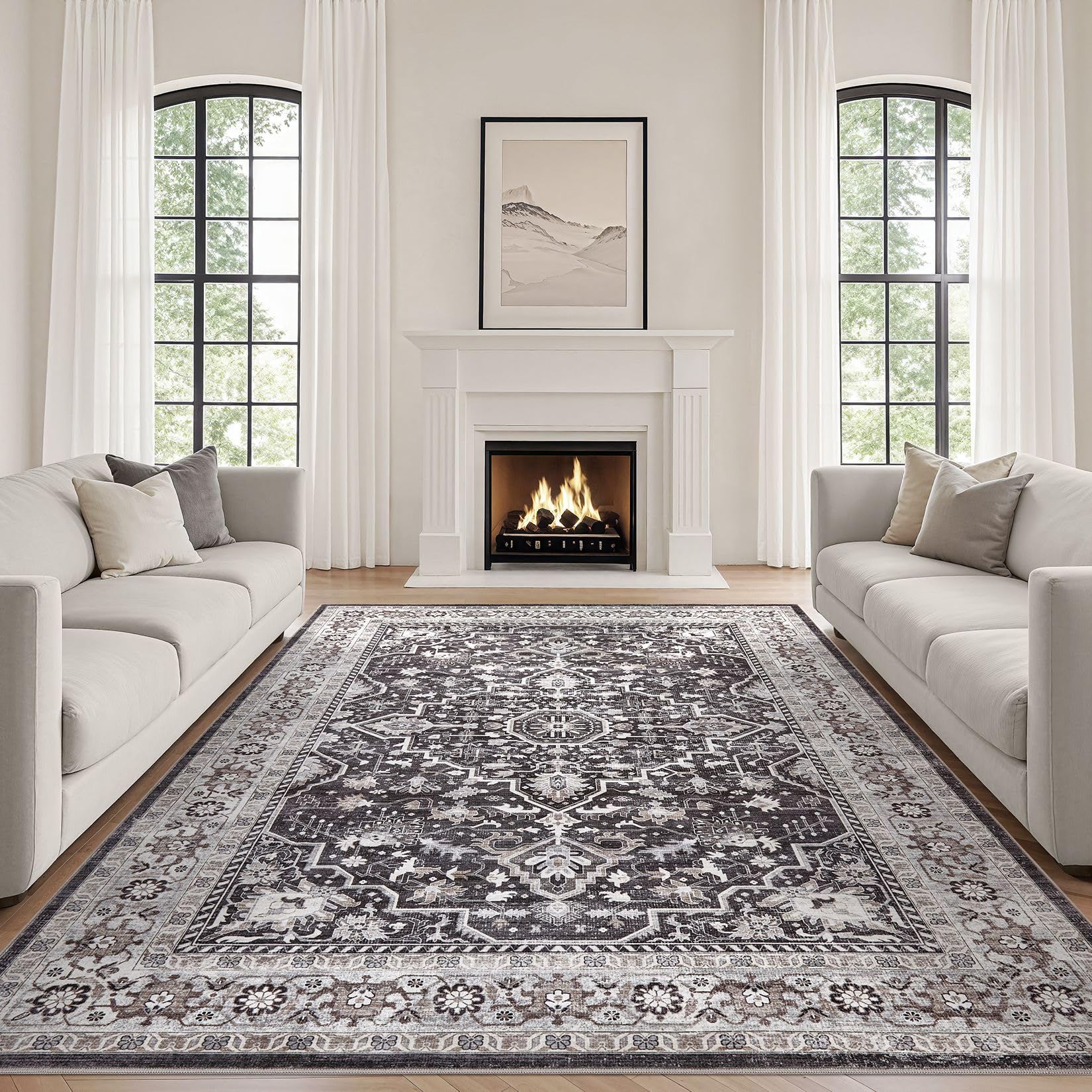 Black Rug Living Room Rugs: 10x12 Washable Boho Large Vintage Moody Soft Distressed Oriental Stain Resistant Non-Slip Indoor Floor Carpet for Bedroom