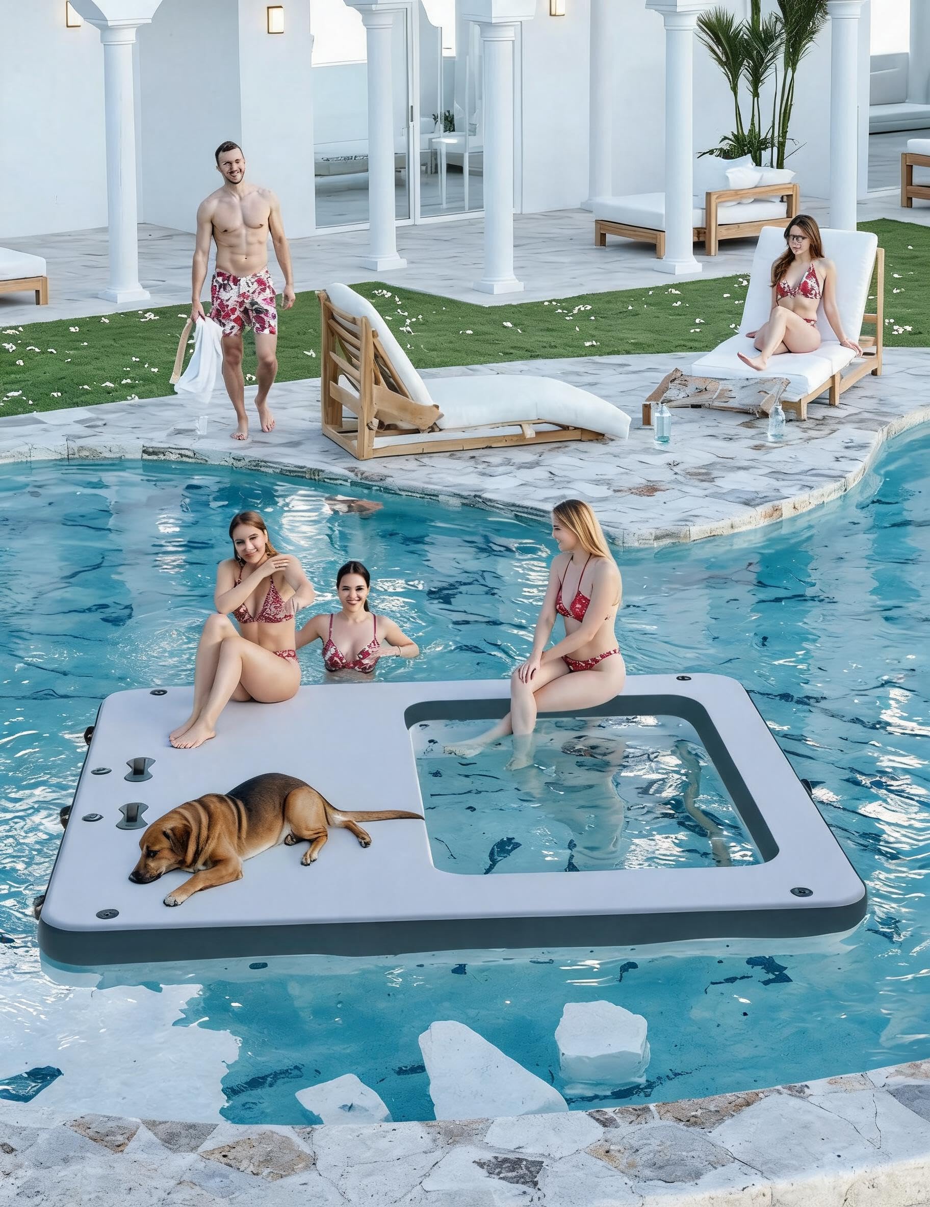 3 x 3 m Heavy Duty Gonfiabile Piattaforma di bacino galleggiante | Con amaca e trampolino in rete, piattaforma antiscivolo in EVA, scala in corda staccabile, zattera d'acqua per lago, piscina