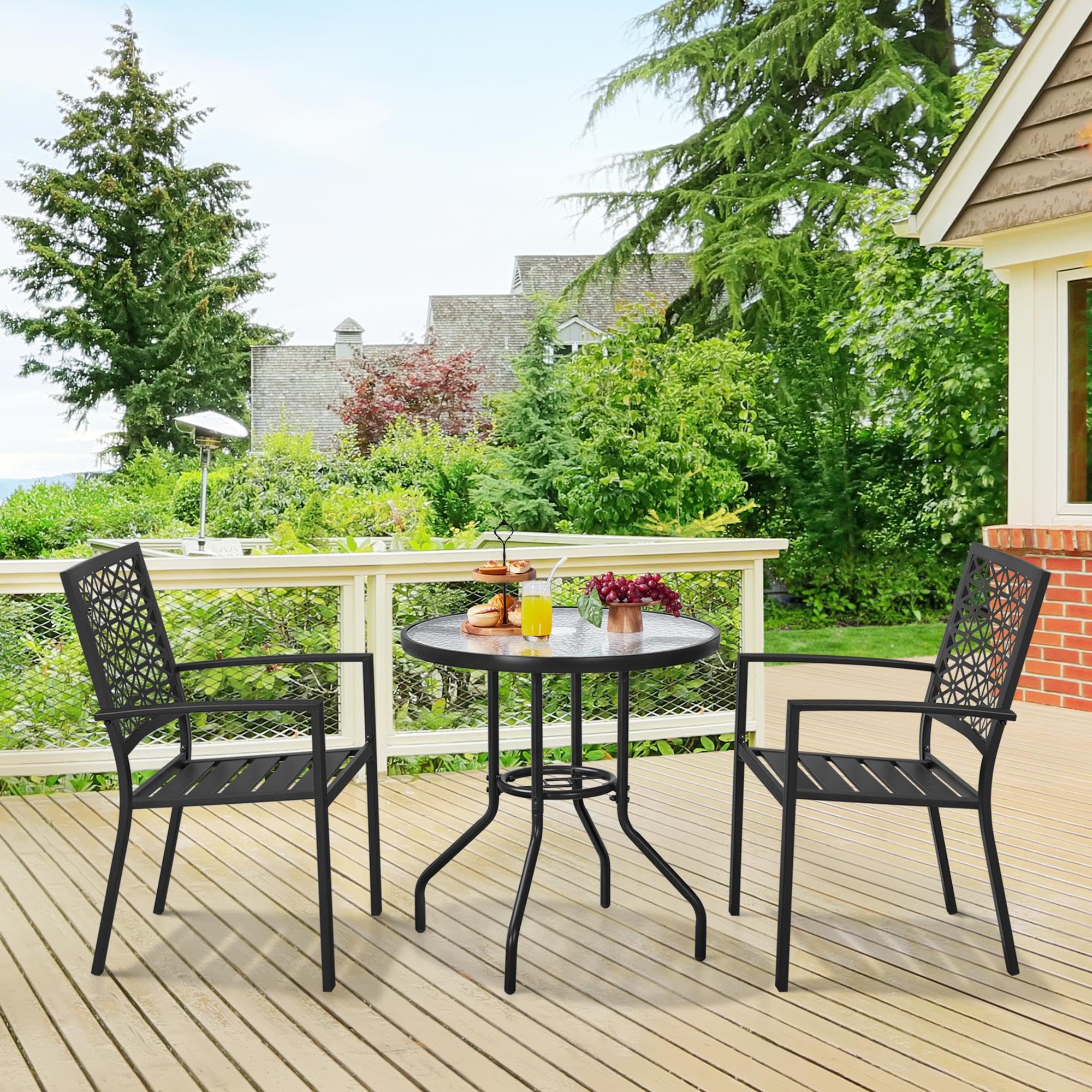 Yaheetech Ø70 cm Gartentisch Bistrotischrund Glastisch, Pflegeleichter Balkontisch mit Schirmloch & Glasplatte Terrassentisch Kaffeetisch Terrassentisch aus Metall für Garten/Balkon/Terrasse, Schwarz