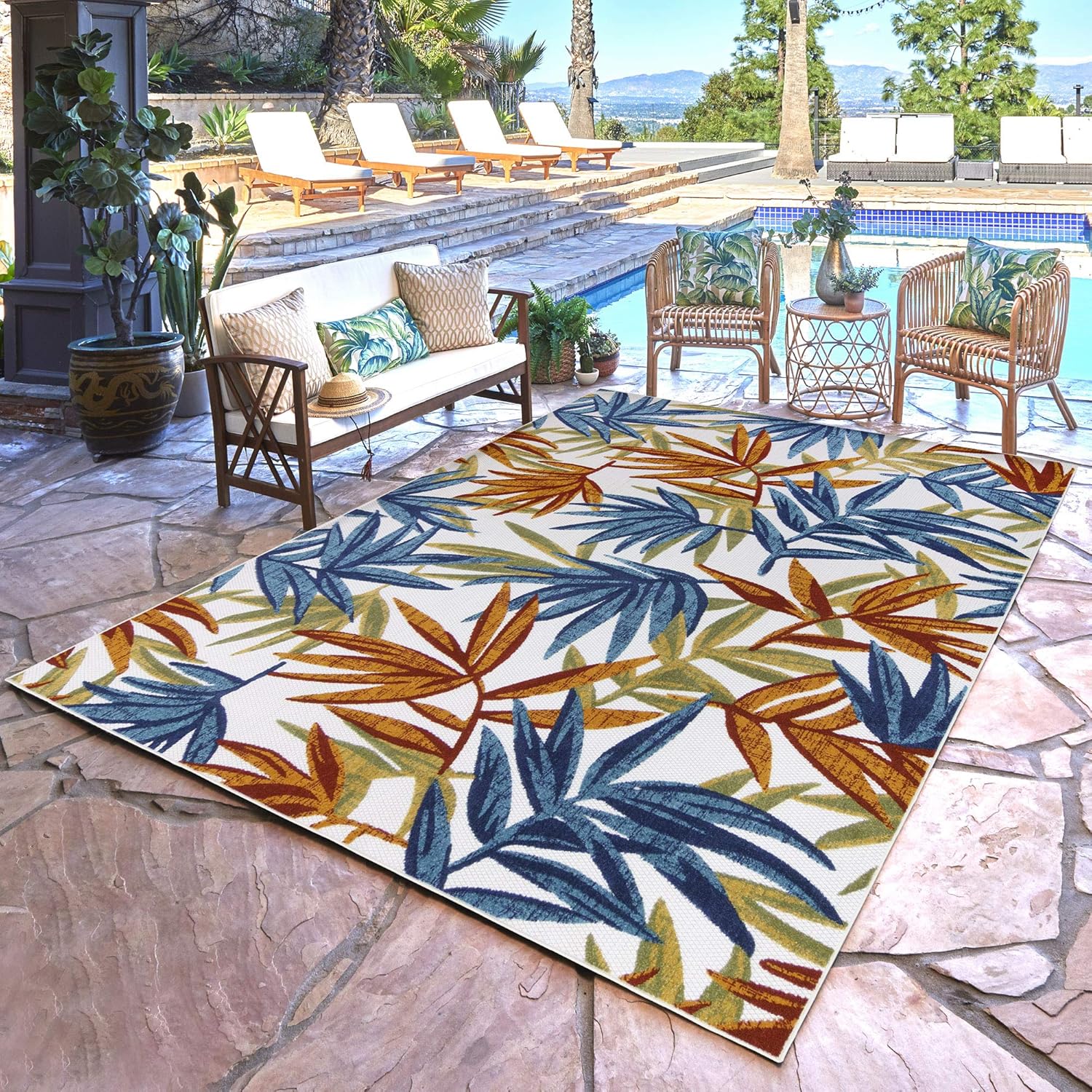 Gertmenian Textured High Low Indoor Outdoor Area Rug, Fade & UV Resistant, Bamboo Palm Leafs Blue Red Gold, 6x9 Medium, 22466