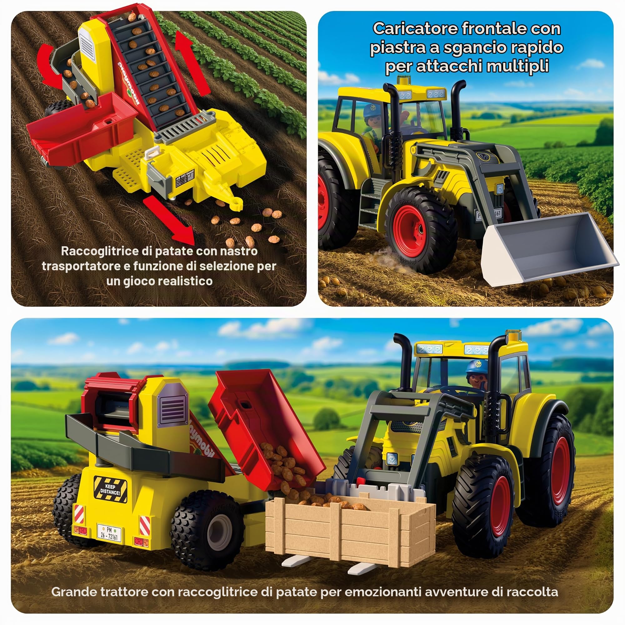 PLAYMOBIL | Country | Grande trattore con scavapatate | Set di macchine agricole con caricatore frontale, funzione di selezione e molti accessori | Per bambini da 4 anni | 72161