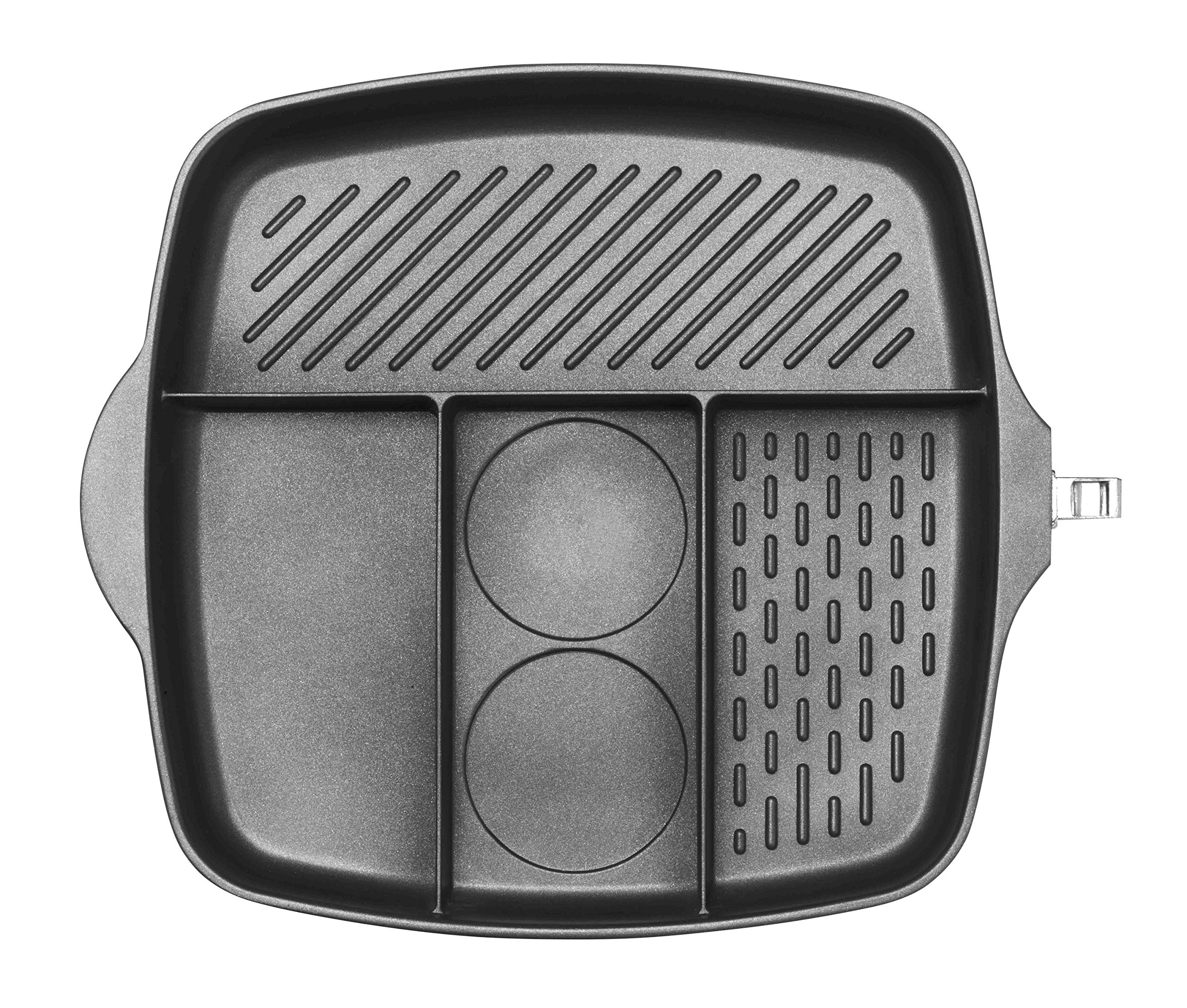 Pintinox Multifunktionspfanne unterteilt in 4 Fächer, aus Aluminium mit abnehmbarem Griff für Induktion geeignet, ideal zum Frühstück, Maße 32 x 32 cm
