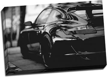 Panther Print Large Modified Porsche 911 Turbo Black & White Framed Canvas Picture Wall Art Print 20X30 Inches A1 50.8 x 76.2 cm