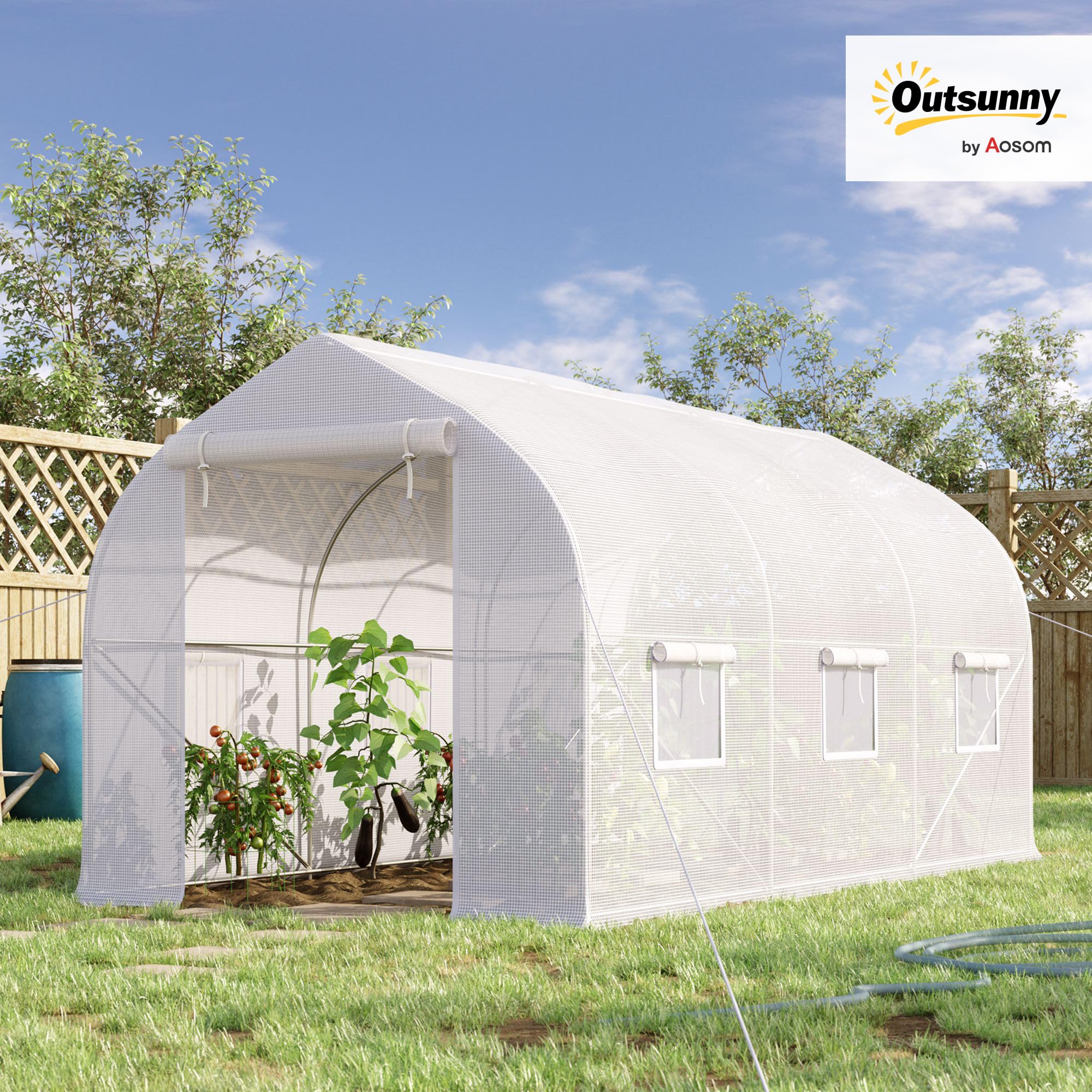 Outsunny Serre Tunnel de Jardin 8m², Serre de Jardin Tunnel 400x200x200cm avec 1 Porte et 6 fenêtres, pour extérieur, Toutes Saisons, légumes, Fruits, Fleurs, bâche PE Haute densité 140 g/m² Blanc