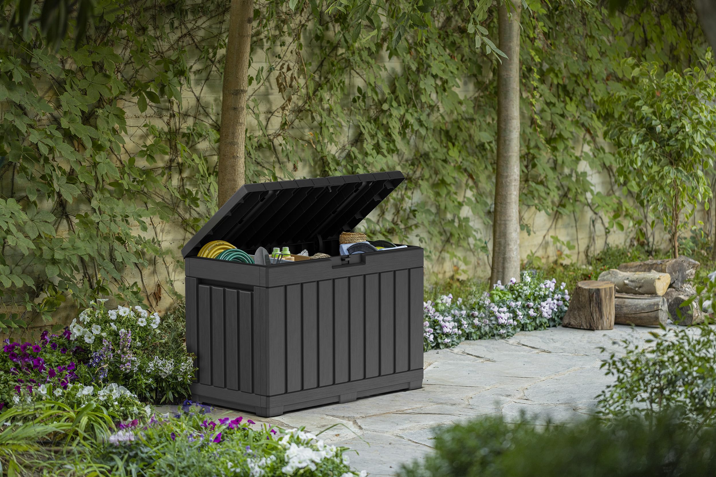 Koll Living Gartenbox Kentwood 190 Liter Stauraum Anthrazit - kompakte Aufbewahrungsbox mit viel Platz für Sitzauflagen, Gartengeräte oder Kinderspielzeug - hält den Inhalt trocken & gut belüftet