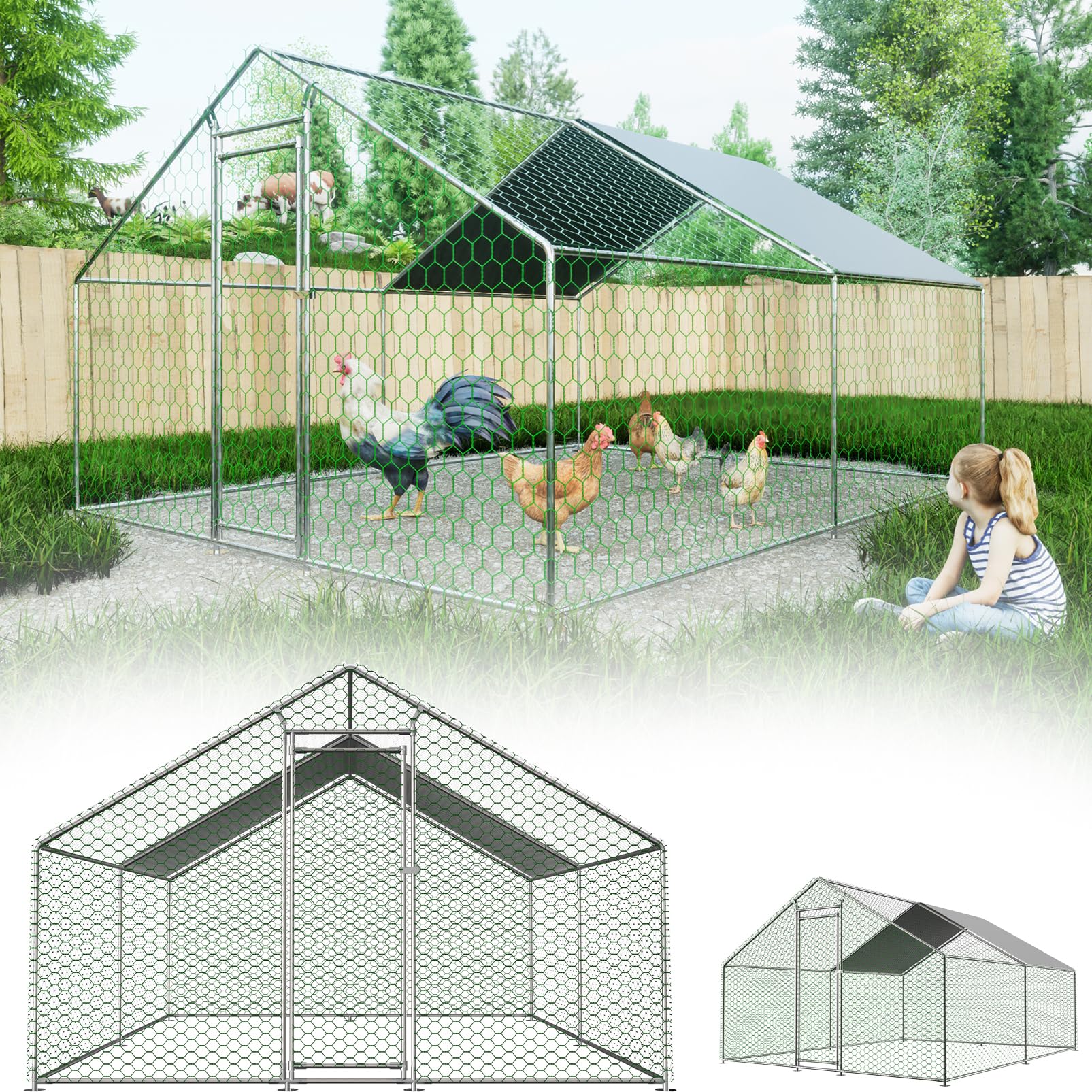 Pollaio da Esterno con Telaio Zincato e Rete Esagonale, 3x4x2m Pollaio Ovaiole per Galline da Esterno con Copertura in Tessuto Impermeabile per 6-12 Polli, Anatre e Conigli