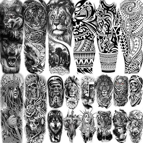 20 hojas de tatuajes temporales de lobo, tigre, león, tribal, negro, para hombres y adultos, 3D de Halloween, prisión gótica, maorí, tatuajes para