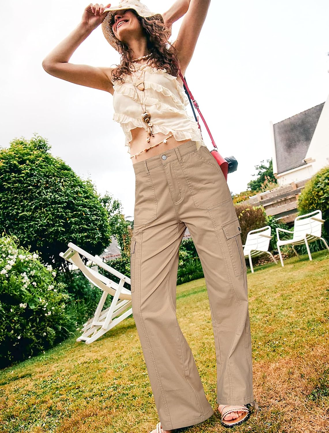 Eddoyee Cargo Pants for Women Drawstring Ankle Cuffs Stretch High Waisted 6 Pockets Straight Wide Leg Jean Casual Baggy Pants - Image 6