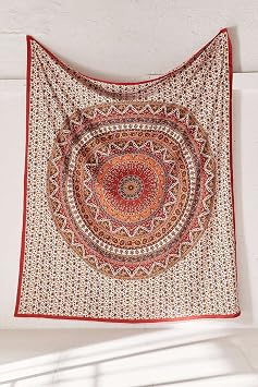 Popular Handicrafts Mandala Bohemian Psychedelic Intricate Floral Design Kerala Tapestry Magical Thinking Tapestry Indian Bedspread Tapestry 54x84 Inches,(140cmsx215cms) Red