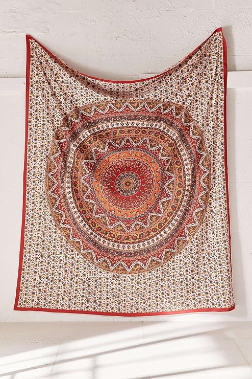Popular Handicrafts Mandala Bohemian Psychedelic Intricate Floral Design Kerala Tapestry Magical Thinking Tapestry Indian Bedspread Tapestry 54x84 Inches,(140cmsx215cms) Red