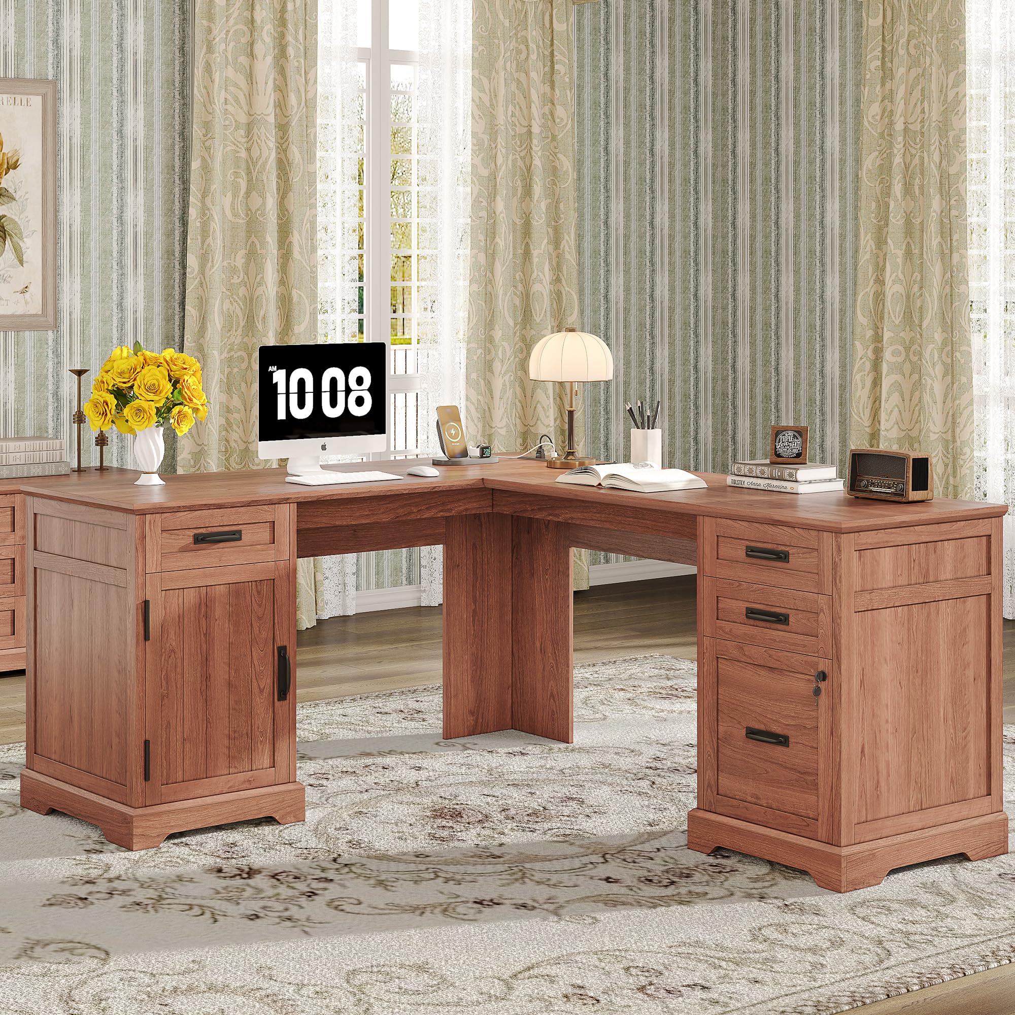 Amazon.com: Alohappy 67'' L Shaped Desk with Drawers, Farmhouse