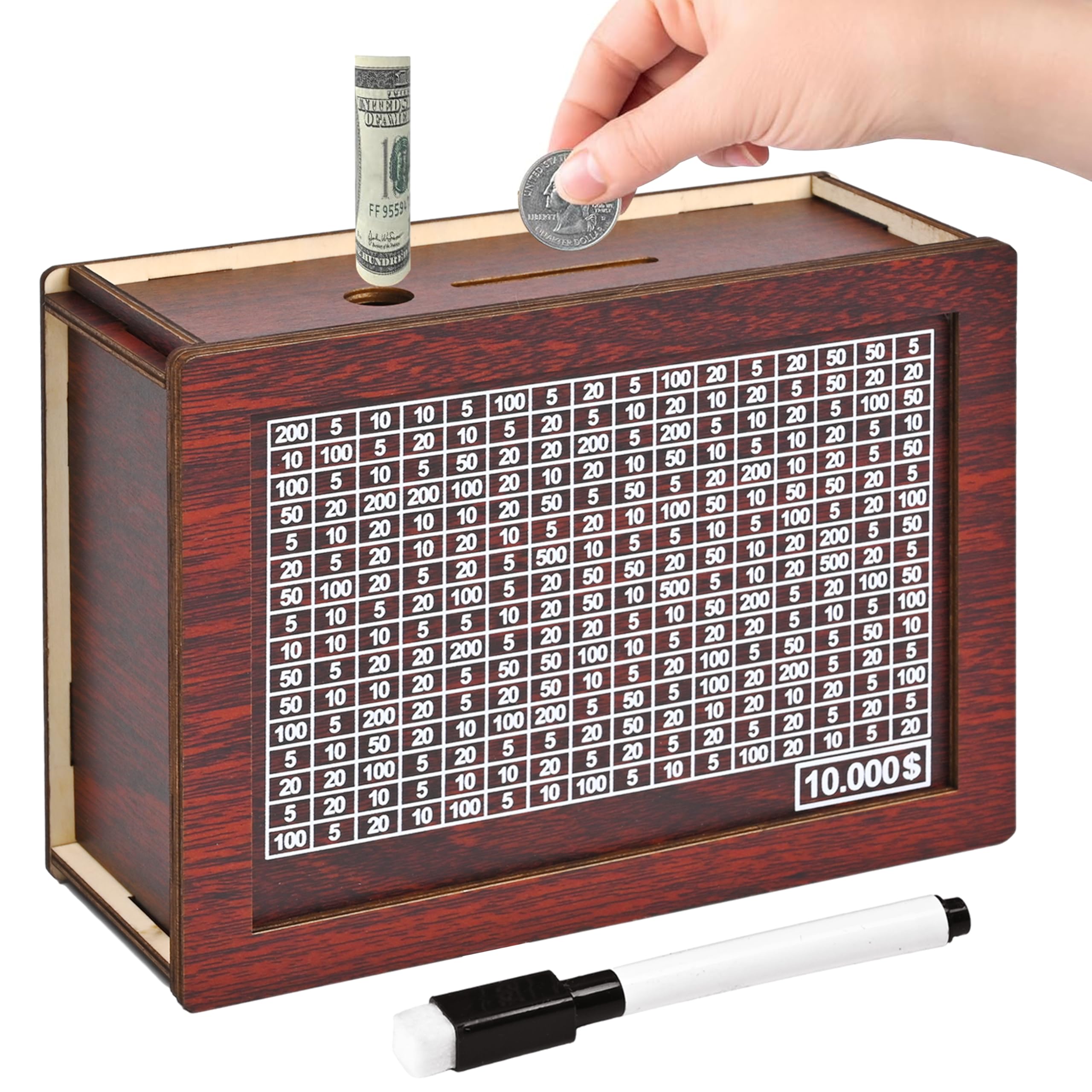 krlladetiy 10000 Savings Challenge Box, Wooden Money Saving Piggy Bank for Adults Kids, Reusable, Targets 10k
