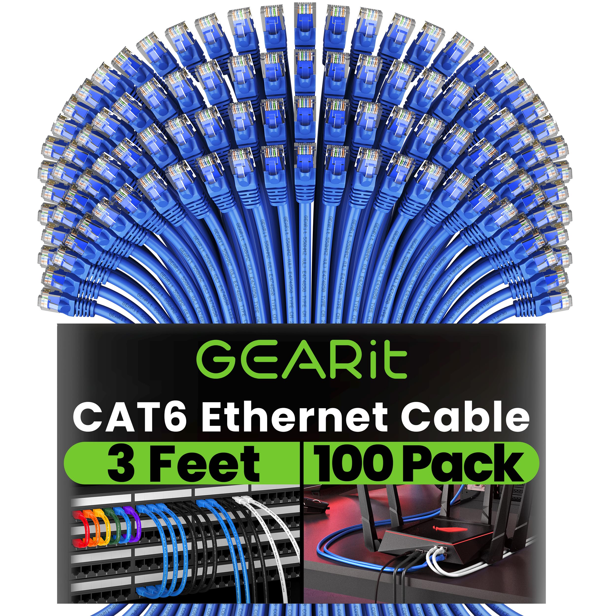 GEARit Cat 6 Ethernet Cable (100-Pack 3 Feet) Cat6 Network Patch, 10Gbps, RJ45, Snagless Cord, Gold-Plated Connectors, Internet for PC, TV, Tablet, Router, Printer, Servers, IT Data Center - Blue