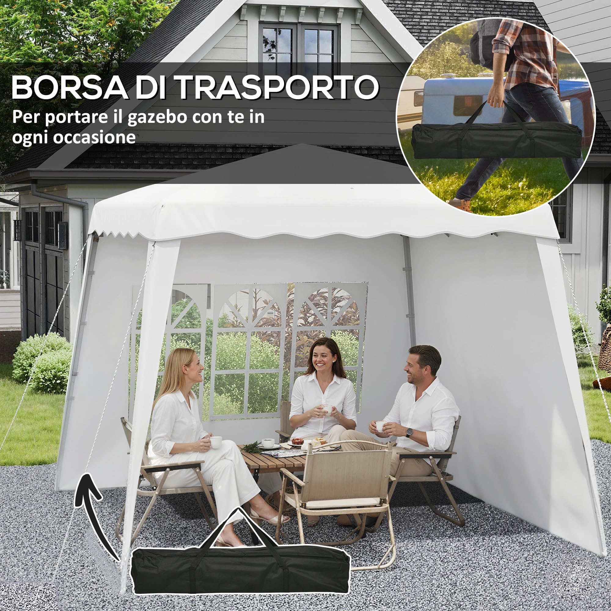 Outsunny Gazebo Pieghevole 2.4x2.4 m Pop Up Altezza Regolabile Bianco | 3 Livelli, Borsa da Trasporto, Gazebo da Esterno, Acciaio e Oxford, UV50+, per Giardino, Feste