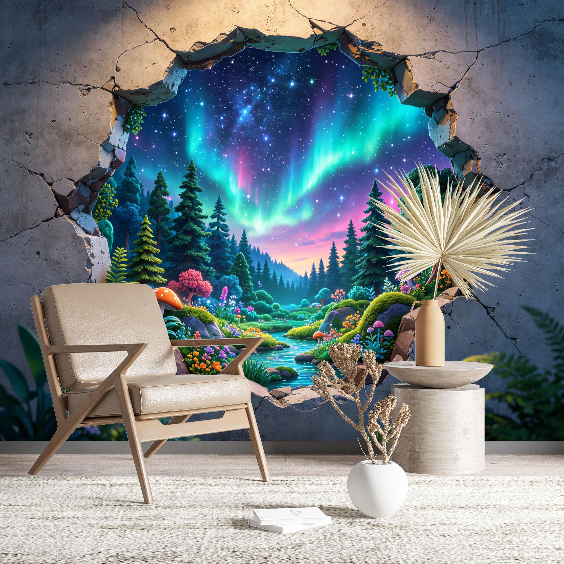Custom Size Wall Murals Aurora Forest Through Cracked Wall 3D Self-Adhesive Wall Fabric (NO PVC) Removable Wallpaper for Bedroom Kids Room