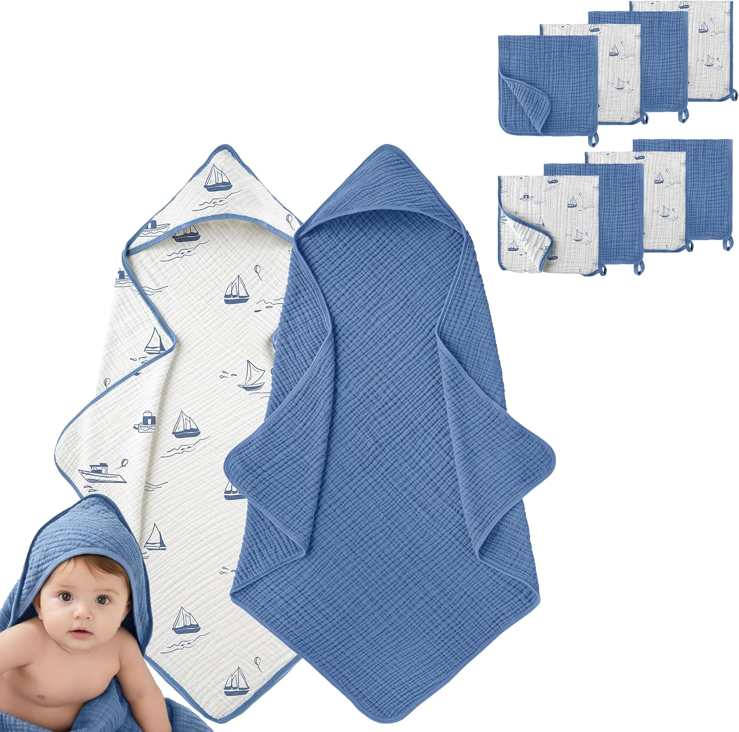 6-Layer Muslin Cotton Baby Hooded Towel & Burp Cloth Set – Ultra Soft, Absorbent Baby Bath Towel with Burp Cloth for Newborns & Toddlers – Blue