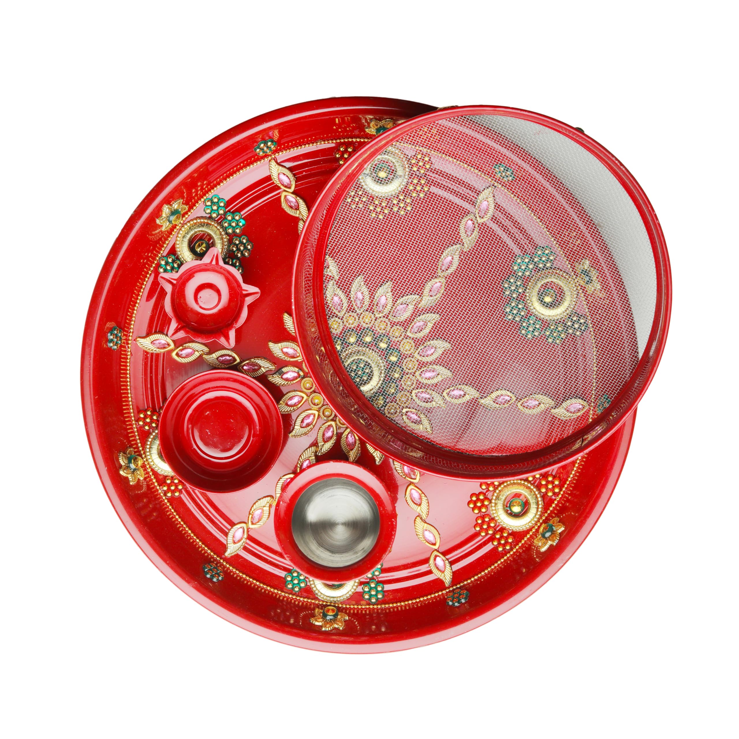 Karwa Chauth Red Pooja Thali talerz ręcznie wykonany talerz dekoracyjny stalowy Thali z dużą ilością niezbędnych artykułów dołączonych do rytuałów Aarti Pooja dekoracje Diwali (rozmiar Thali - 25