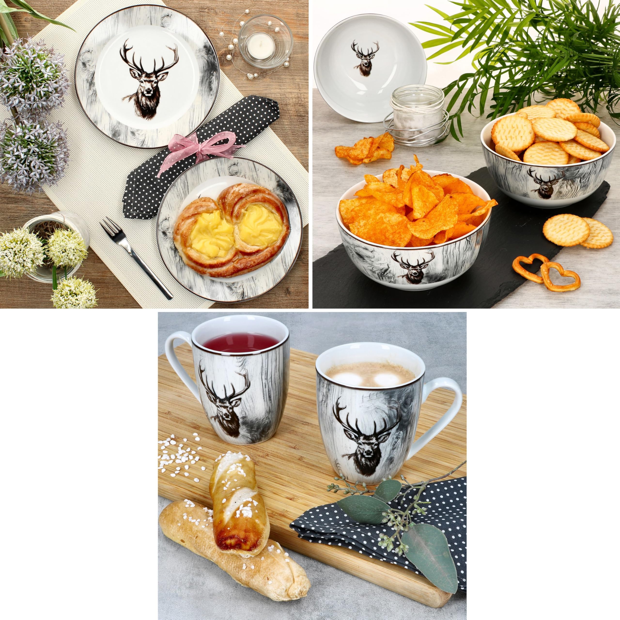MamboCat Alois 18tlg Frühstücksset I je 6x Frühstücksteller, Müslischalen & Kaffeebecher aus Porzellan I 6 Personen I Holz-Optik & Hirschmotiv in Schwarz-Weiß I für Frühstück & Kaffee