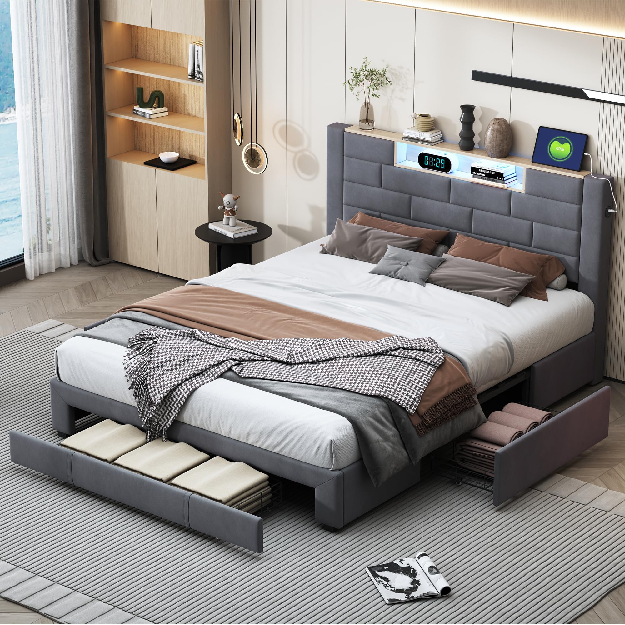 Gewatteerd tweepersoonsbed, 140 x 200 cm, met 4 laden, kistbed met USB-lading en ledverlichting, bedframe, hoofdeinde met opslag, bed voor volwassenen, fluweel (beige-B, 140 × 200 cm