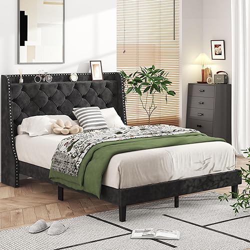 SUNLEI Queen Size Bed Frame with Wingback Storage Headboard, Black Tufted Bed Frame with Tufted and Velvet Fabric, Wood Slats Support, No Box Spring Needed, Easy Assembly, Queen Black