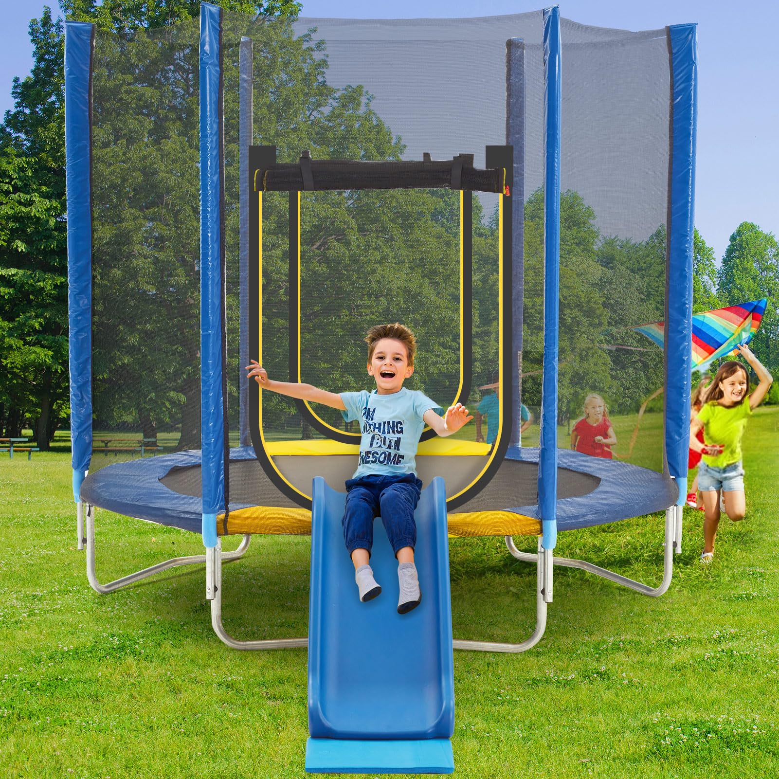 APTILTON 7FT Trampoline with Slide, Safety Enclosure Net, Jumping Mat, Safety Pad, and Ladder – Kids Hexagonal Trampoline for Indoor & Outdoor Use for Toddlers and Children