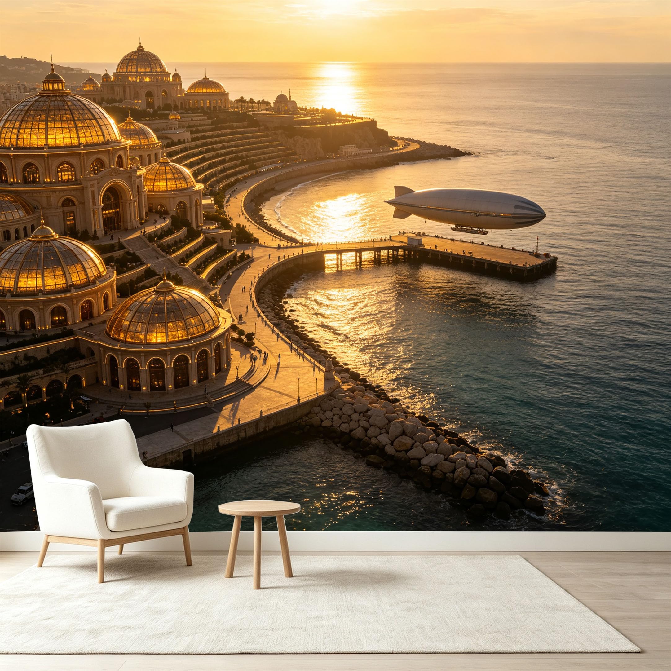 Custom Size Wall Murals Serene Coastal Palace Sunset Airship Ocean View Self-Adhesive Wall Fabric Removable Wallpaper Wall Decor for Living Room Bedroom Bathroom