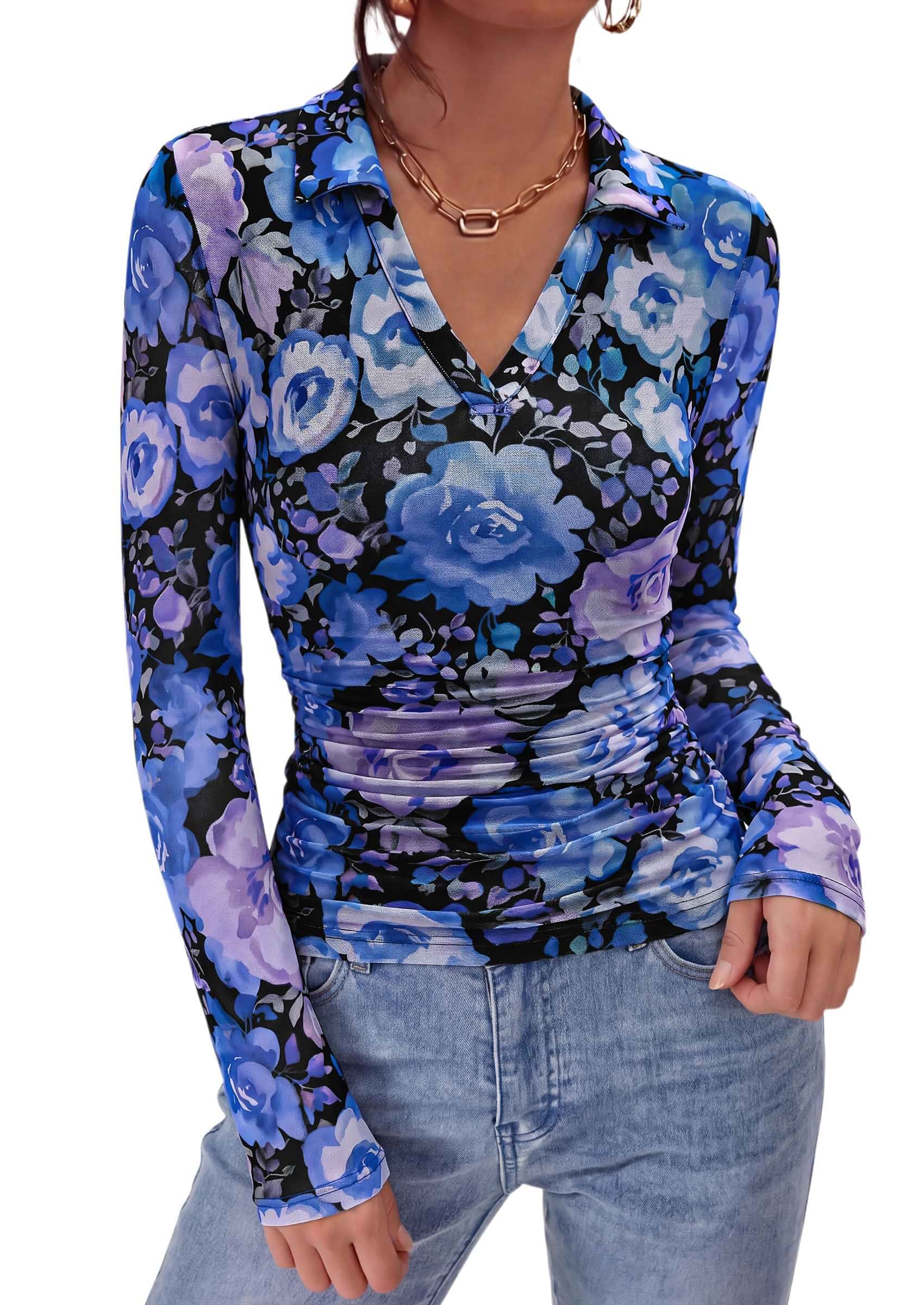 PRETTYGARDEN Women's Long Sleeve Boho Floral Mesh Tops Fall V Neck Blouses Fitted Polo Shirts, Collared, Double Lined, Dressy Casual, Going Out Date Night Outfits, Spring Lightweight Travel Clothes