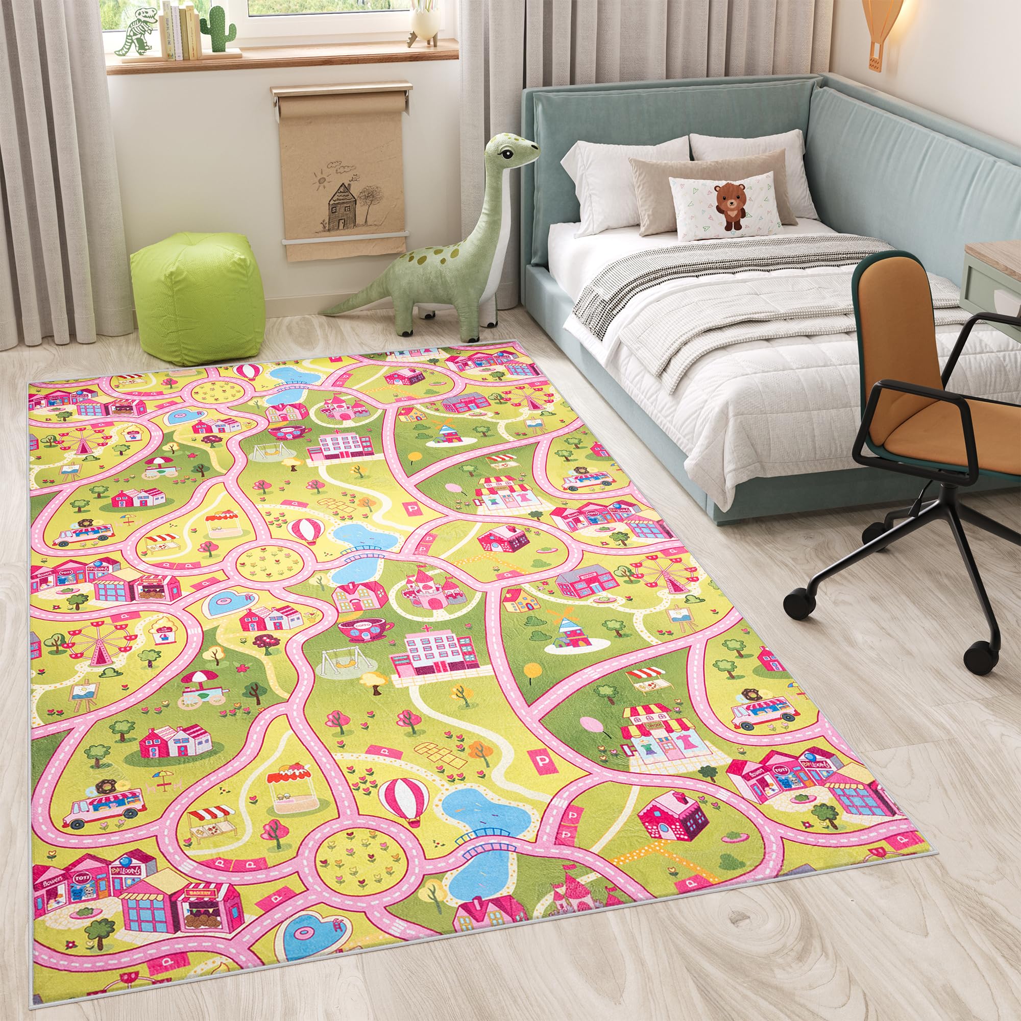 TAPISO Flannel Tapis Chambre Enfant Bébé Fille Garçon Antidérapant Lavable Rose Vert Bleu Blanc Tapis de Jeux Voiture Circuit Route Ville Poils Ras Oeko-TEX Résistant 120 x 170 cm