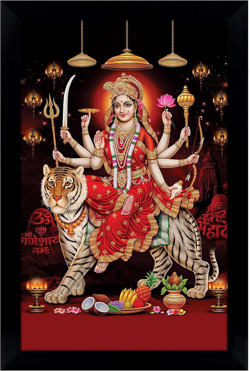 Goddess Durga Poster With Frame Religious Poster Black Wall Frame Deity Photo Frame Wall Decor For Home/Office/Temple-12 x 18 Inches