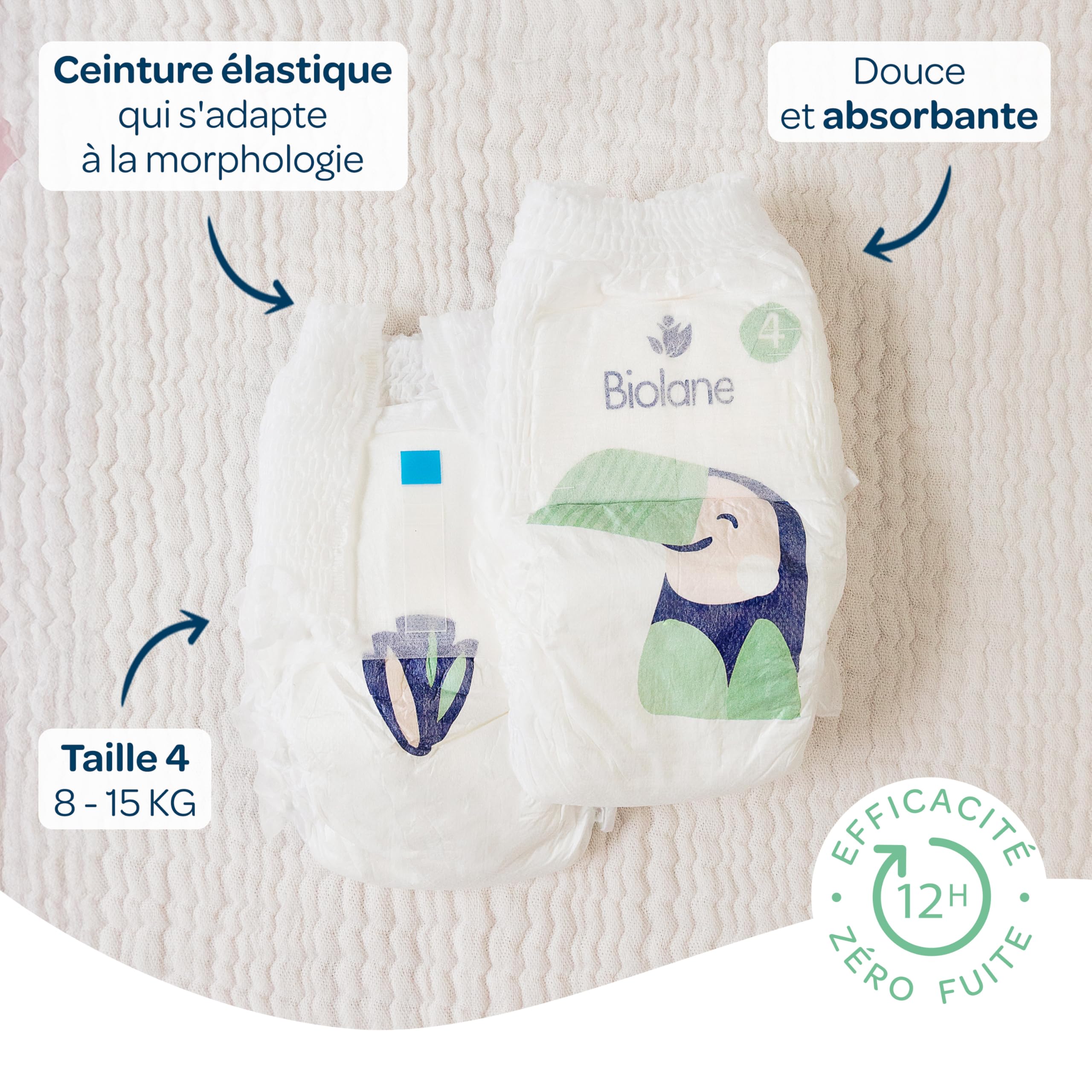 BIOLANE - Windeln Slips – Größe 4 (8-15 kg) – kein Auslaufen für 12 Stunden – Packung 1 Monat – 126 Windeln – umweltfreundlich – hergestellt in Frankreich | 360-Grad-Gürtel passt sich der Körperform an, sehr saugfähig, bis zu 12 Stunden trocken, hergestel