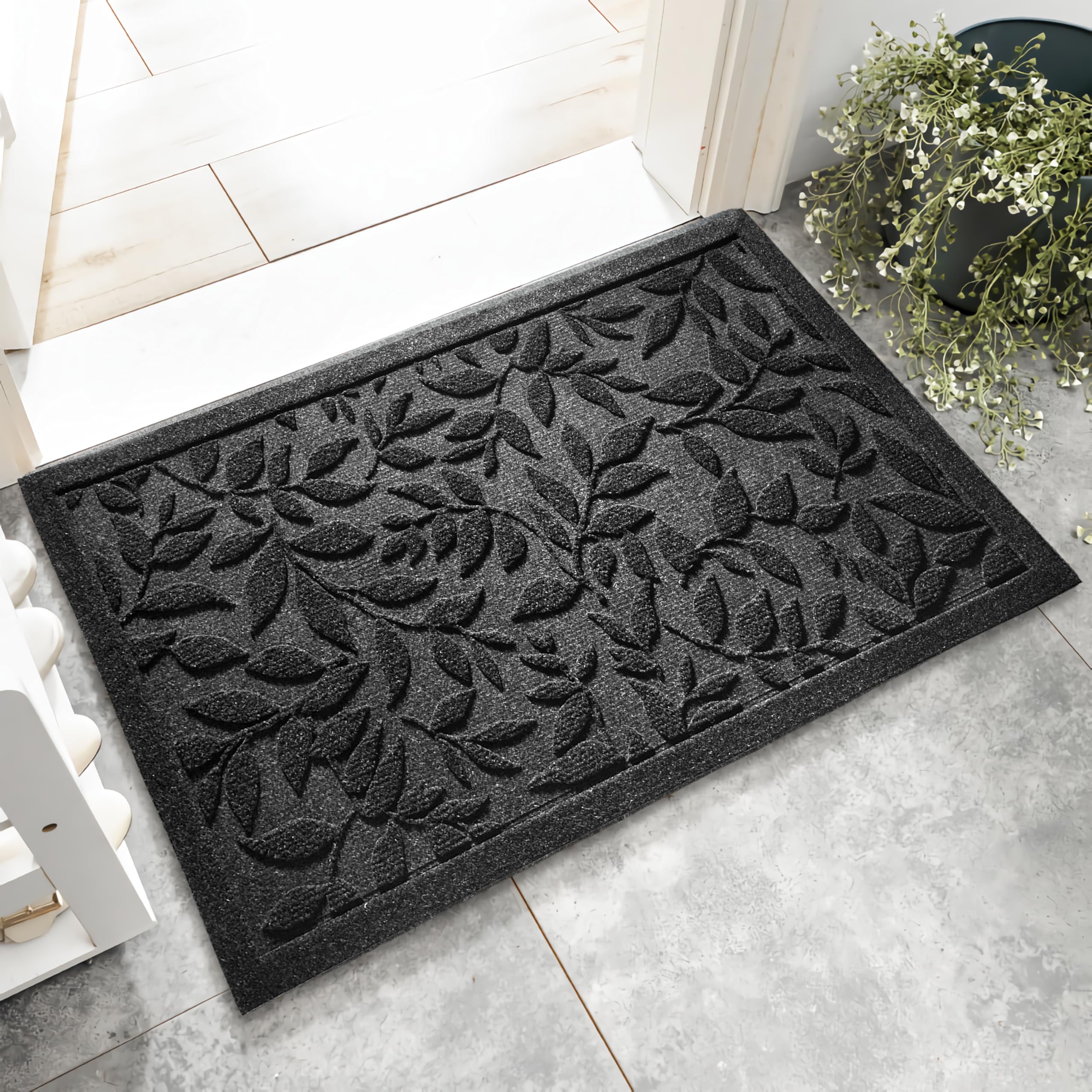 VivaNest Black Leaves Outdoor Indoor Entrance Doormats, Absorbent Durable Heavy Duty Welcome Front Door Mat,Thick Natural Rubber Back,Easy Clean
