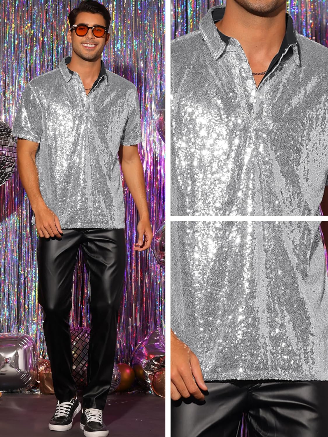 Lars Amadeus Sequin Polo for Men's Sparkle Short Sleeves Club Party Shiny Golf Shirts - Image 4