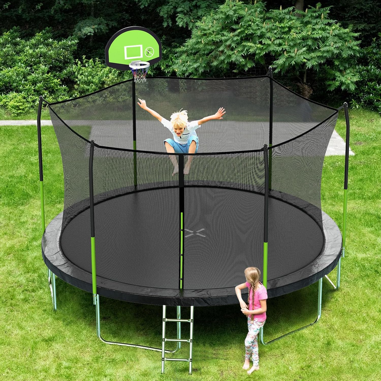 AOTOB 14 FT Trampoline for Kid with Basketball Hoop, Recreational Outdoor Trampoline with Storage Bag and Ladder for Kids and Adult, ASTM Approved