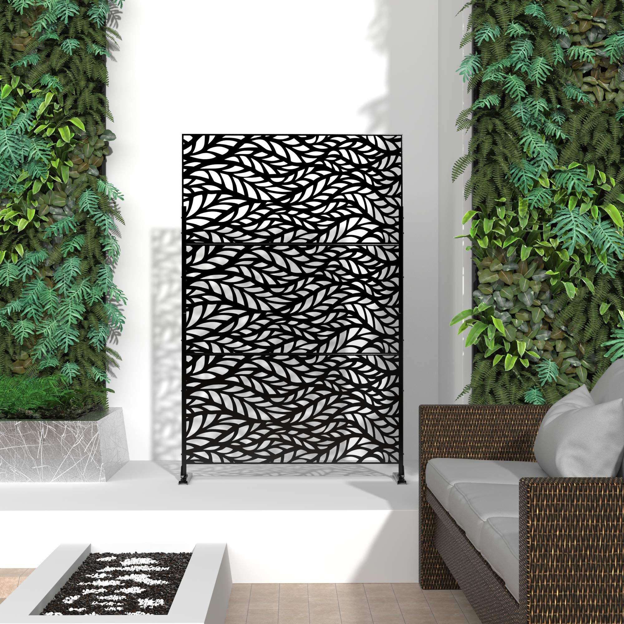 NeuType Decorative Privacy Screen Outdoor Divider with Stand, Featuring Precise Laser Cut,Metal Material,Black