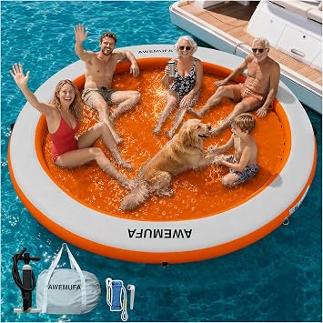 AWEMUFA 6ft/8ft/10ft Water Hammock 6/8 inches Thick Round Float Ring with Mesh Lake Floats for Adults Heavy Duty Circle Floating Mat for Pool Inflatable Water Raft for Summer Parties