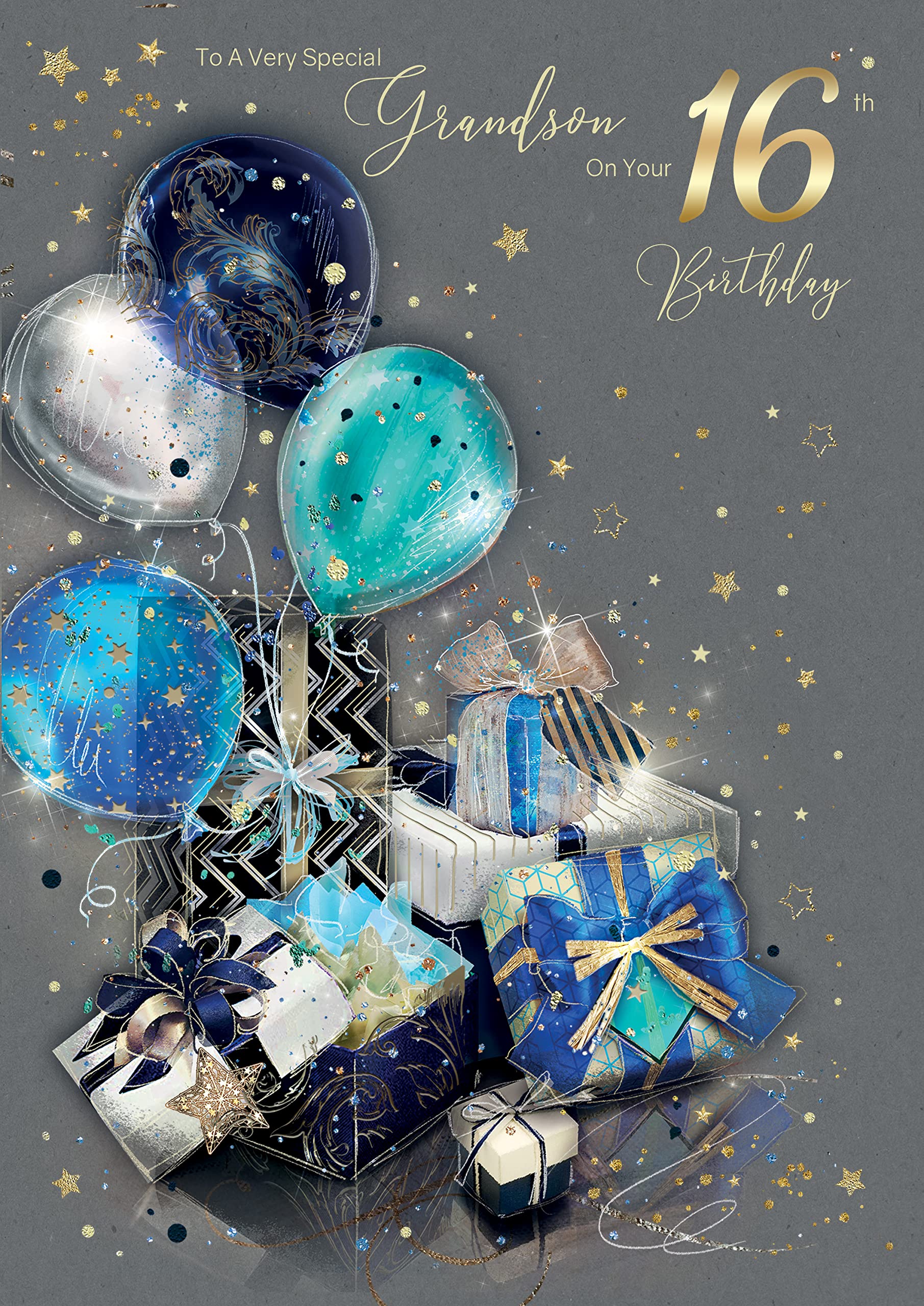 Grandson Milestone 16th Birthday Greeting Card from the Stunning Grayson Birthday Cake Design Range - Glitter & Foil Finished with Gold Envelope (16th)