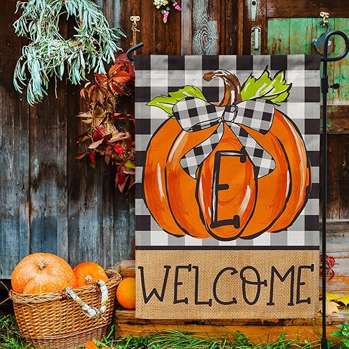 Miniatura 7 de CFA72-1E - Bandera de jardín de calabaza con monograma, bandera de otoño de 12 x 18 pulgadas, doble cara para apellido familiar, inicial, patio,