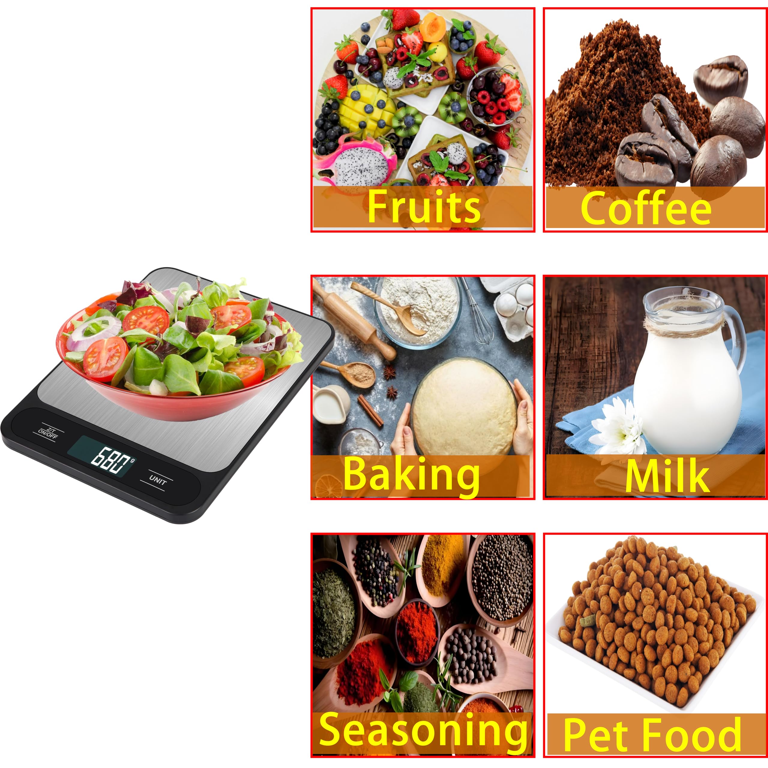 Báscula digital de cocina de 15 kg, báscula de alimentos, peso de alta capacidad en gramos y onzas para hornear, cocinar y preparar comidas, 6 unidades con función de tara, pantalla LCD, acero
