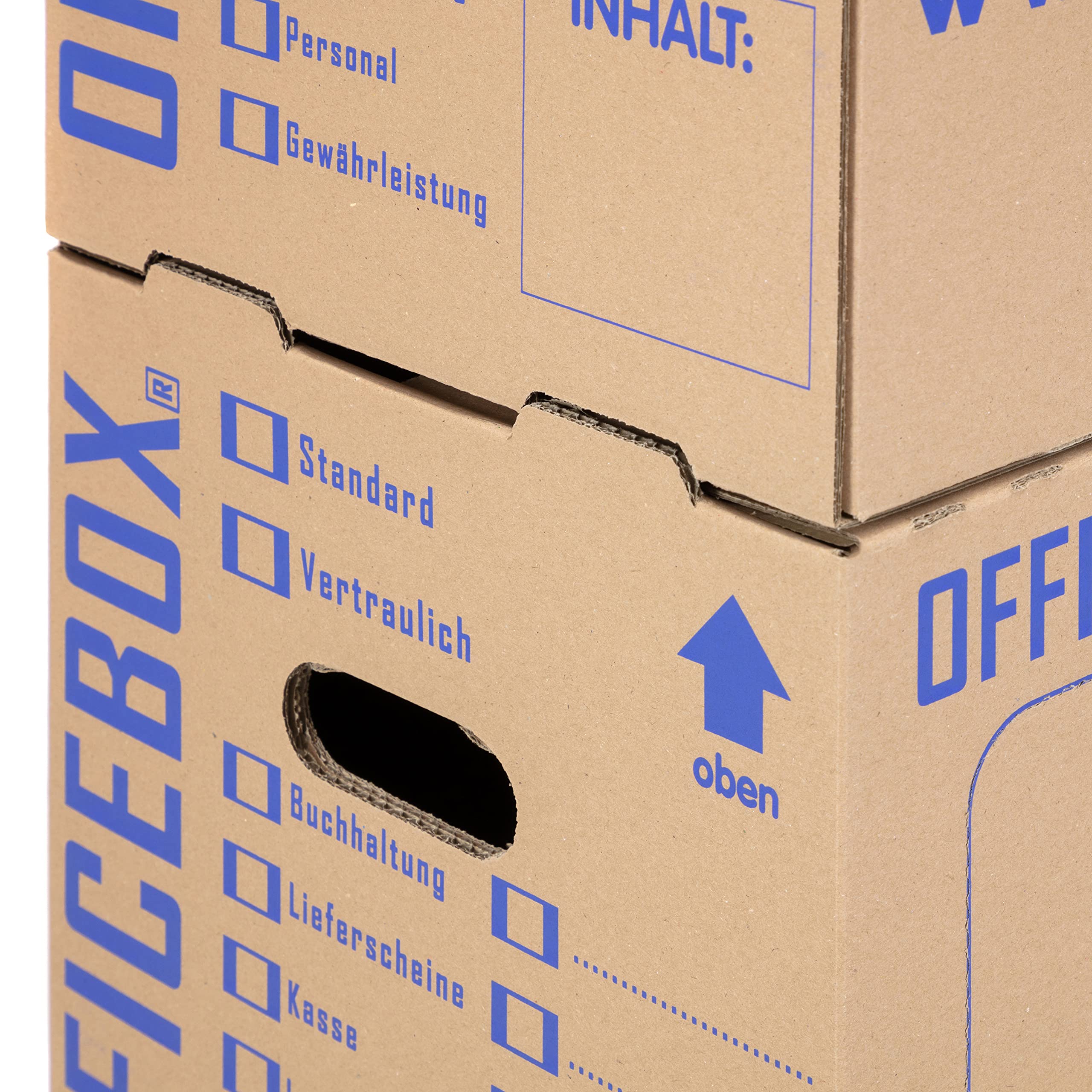 KK Verpackungen Ordnerkarton Archivbox für 6 Ordner | 10 Stück, Doppelwellig bis 40 kg | Stapelbar mit Sichtfenster & Beschriftungsfeldern | Ohne Klebeband faltbar | Archivkarton Braun